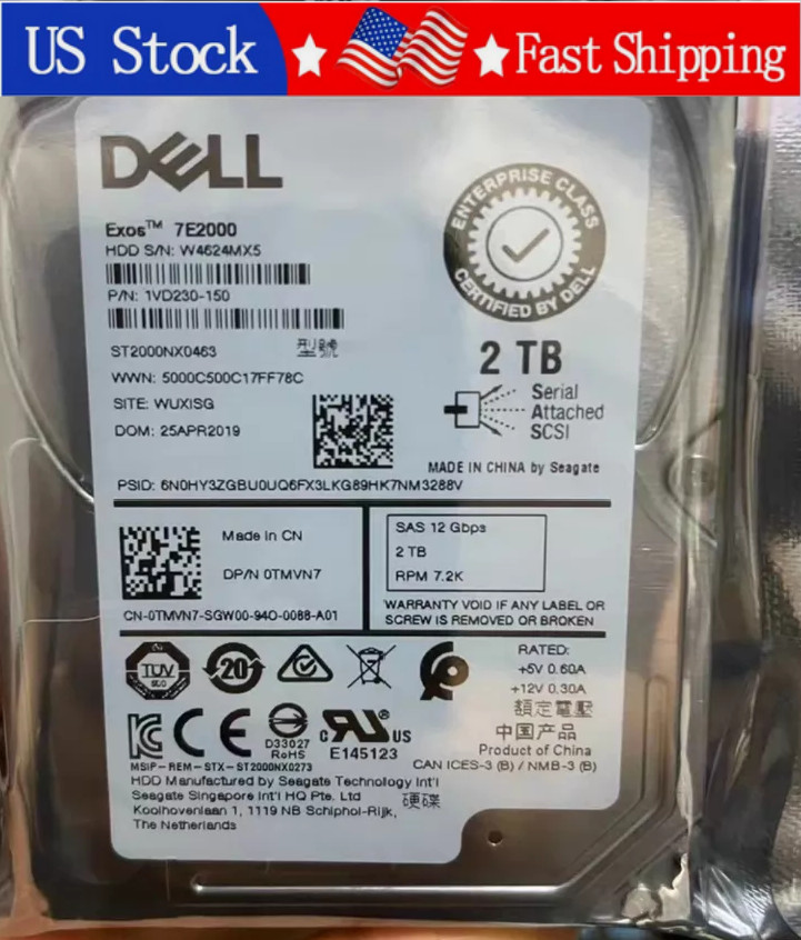 New Dell 0TMVN7 TMVN7 Seagate ST2000NX0463 2TB 7.2K SAS 2.5" 12Gb HDD