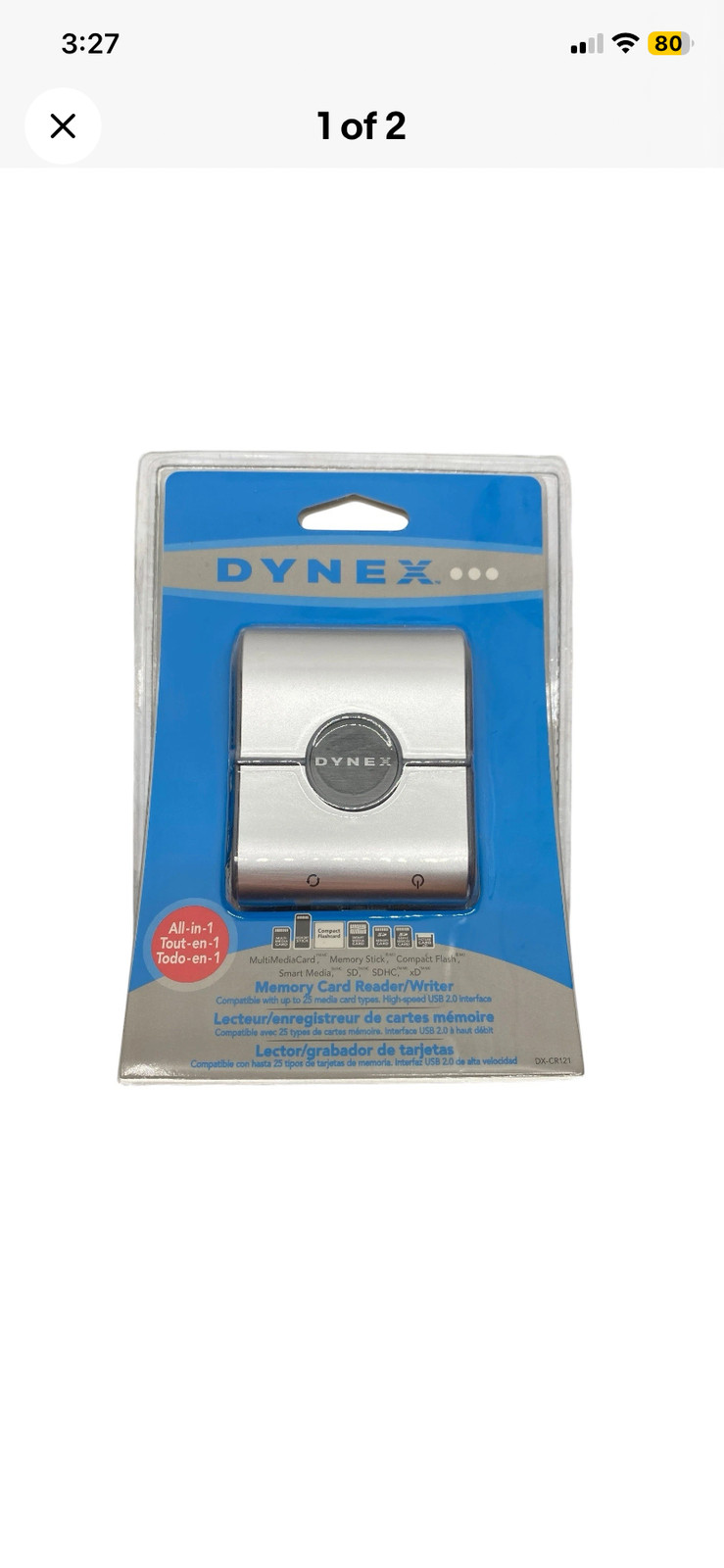 DYNEX DX-CR121 All-in-1 USB 2.0 Memory Card Reader Writer Silver Plug & Play New