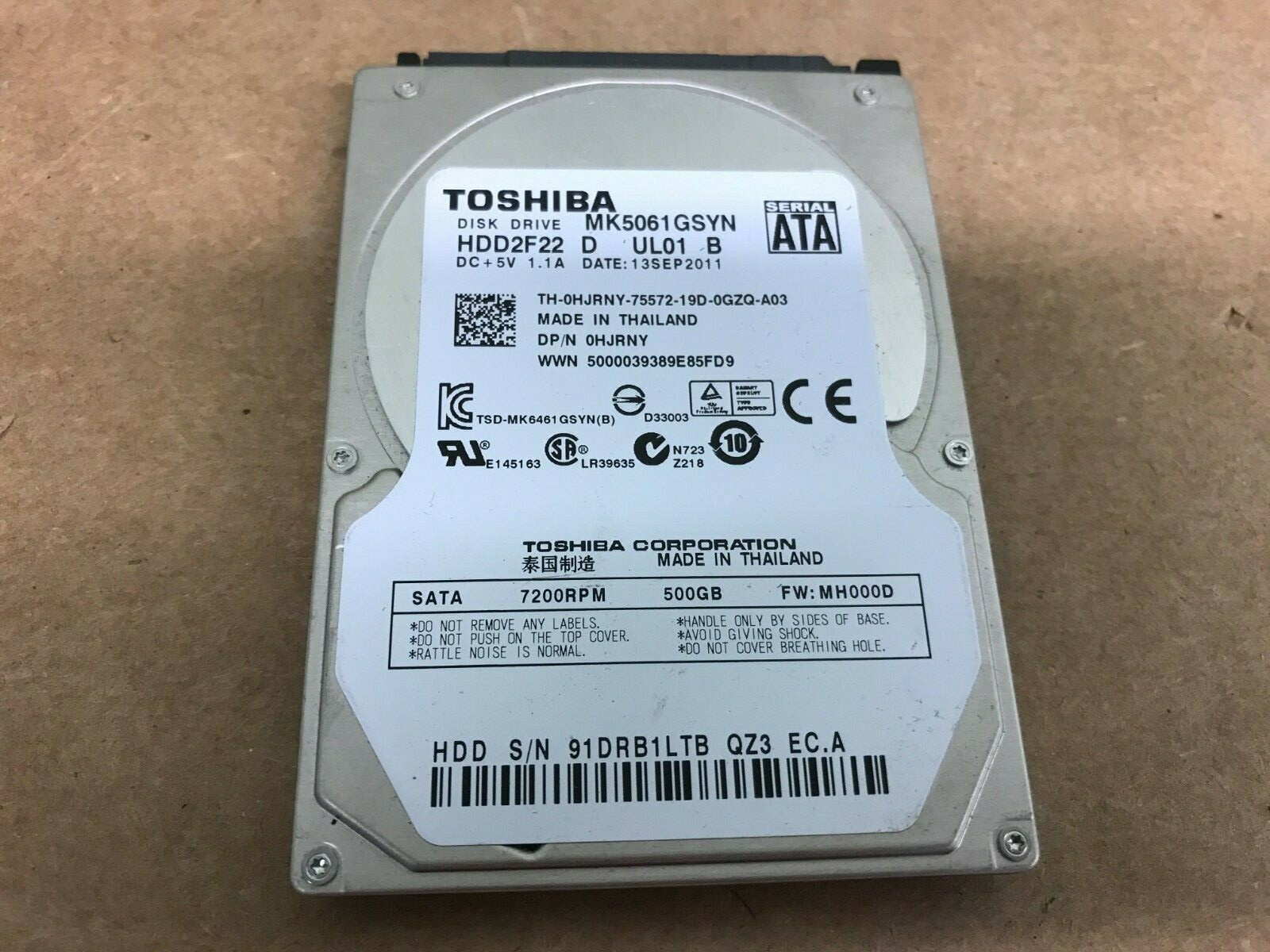 Toshiba 500GB SATA 2.5 Hard Drive MK5061GSYN,  HDD2F22 D UL01 B,  FW:MH000D