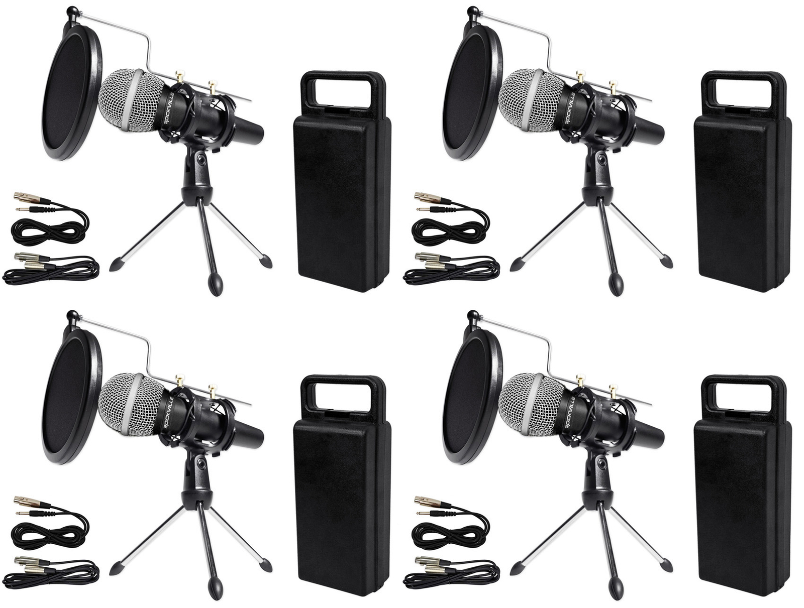 (4) Rockville Dynamic Podcasting Podcast Microphones+Stands+Pop Filters+Cables
