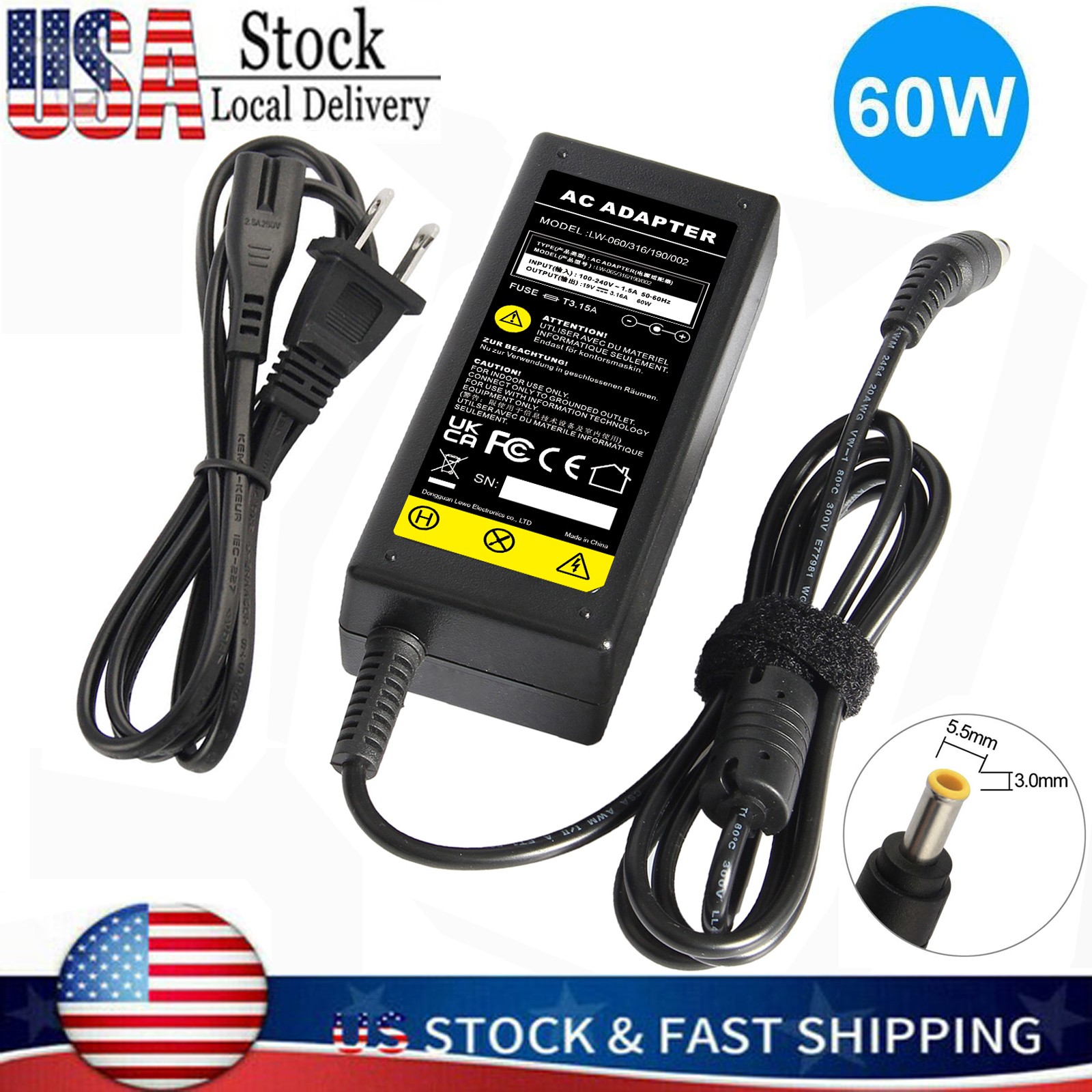 19V 3.16A 60W AC Power Laptop Charger Adapter For Samsung CPA09-004A AD-6019R US