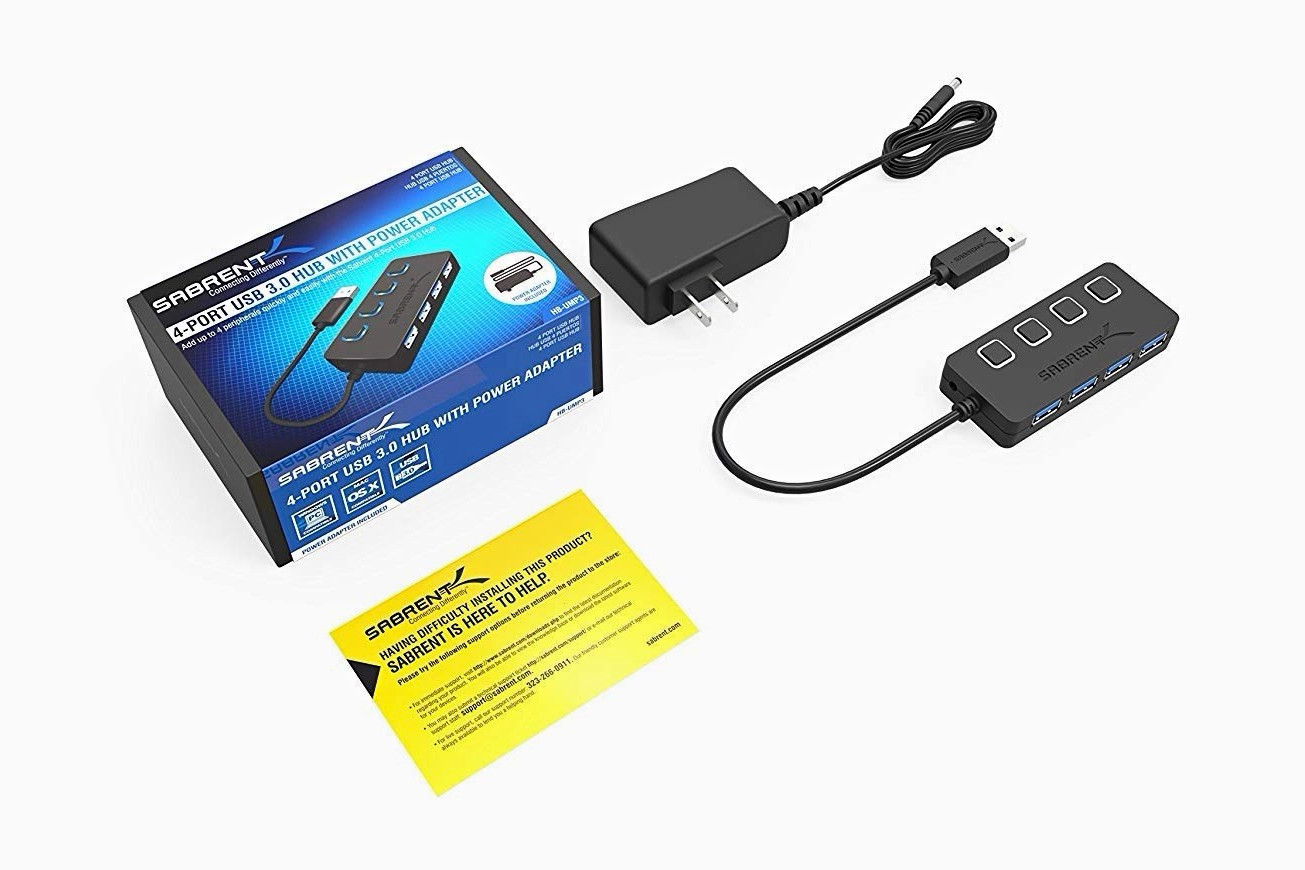 Sabrent 4-Port USB 3.0 Powered Hub w/ On/Off Switches, Black, 1.6ft