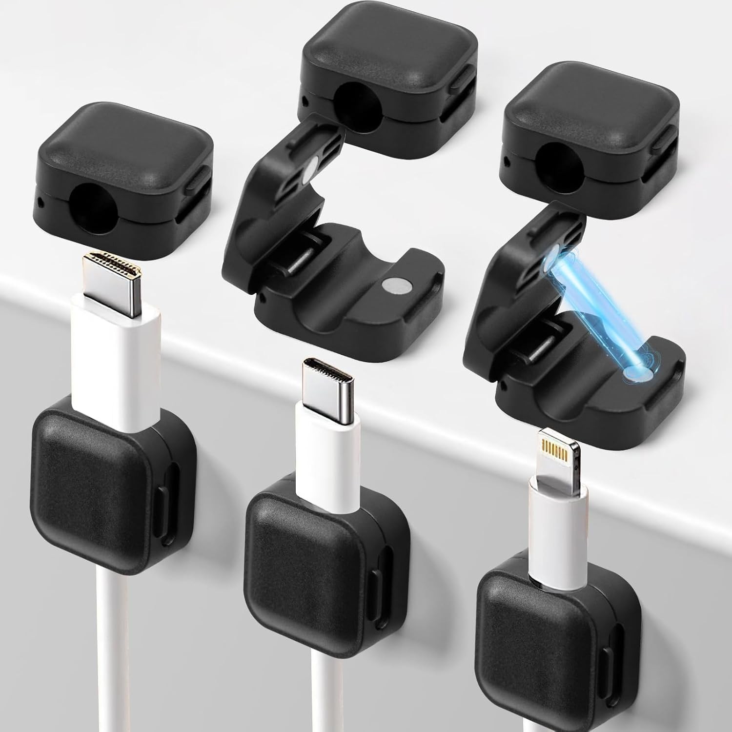 Black Magnetic Cable Management Clips Organizer Set 8-Pack, Cable Organizer,