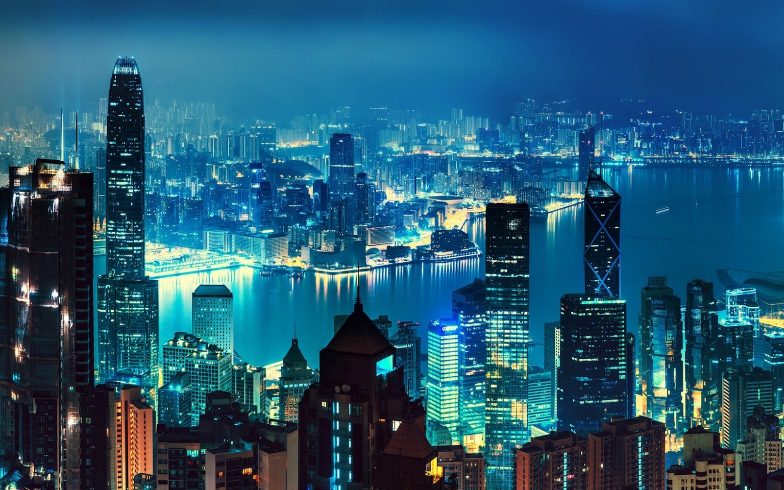 Landscape hong kong cityscape blue night cyan city Custom Gaming Mat Desk