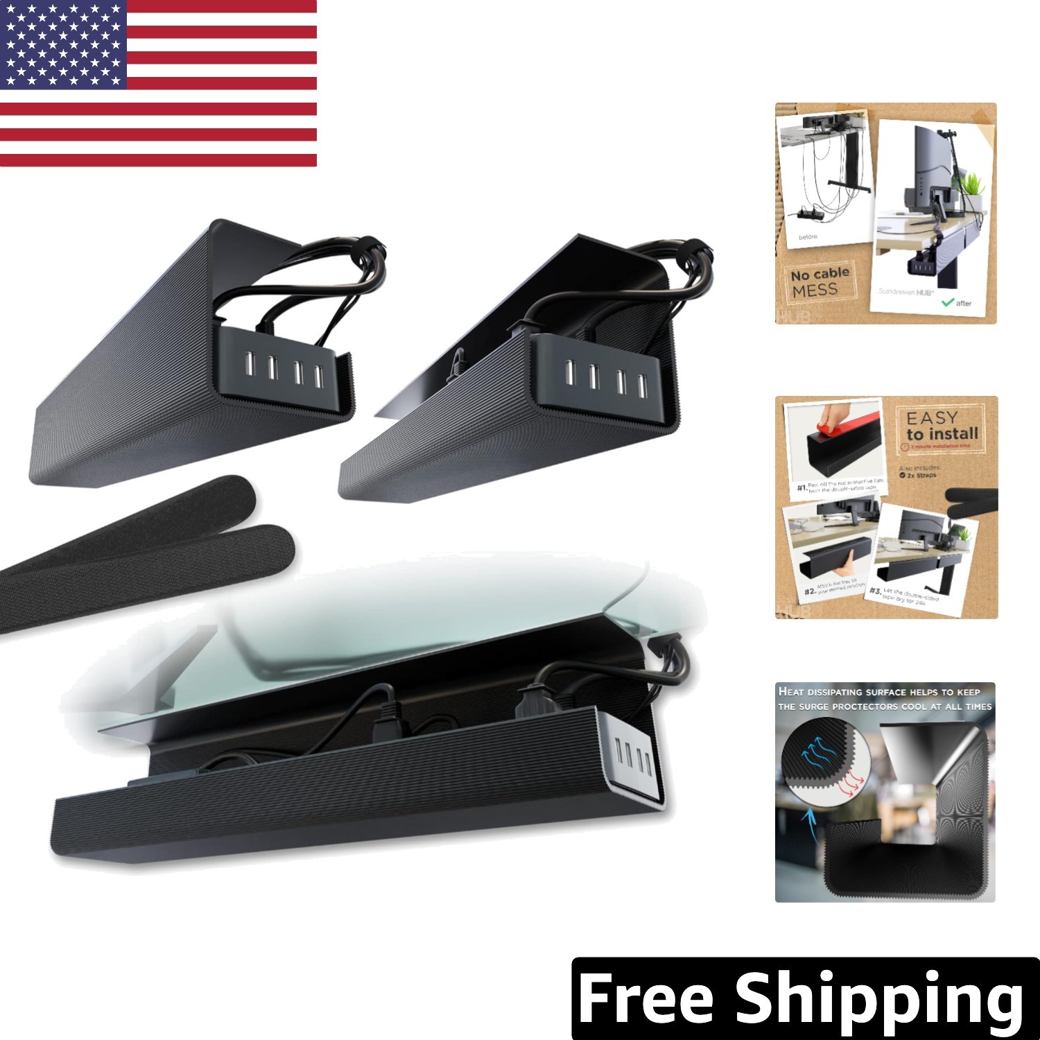 Durable No-Screw Under Desk Cable Organizer - Modern and Spacious, Set of 2