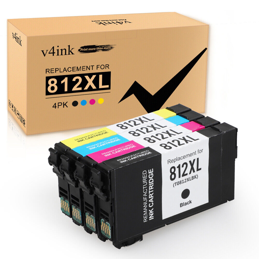 V4INK 4PK T812XL 812XL Ink Cartridges For Epson WorkForce Pro WF-7820 WF-7840