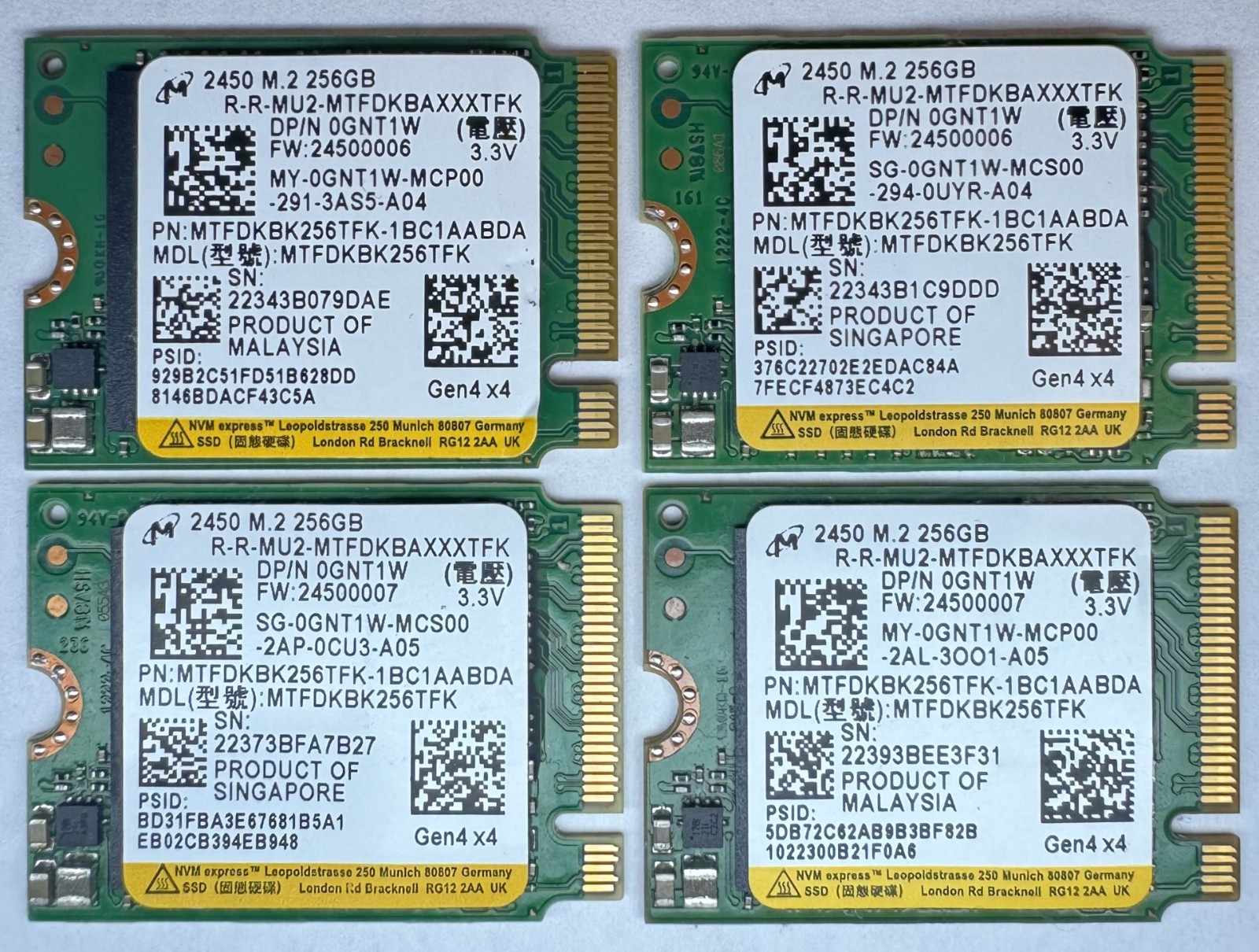 Lot of 4 Micron 2450 M.2 SSD 256GB