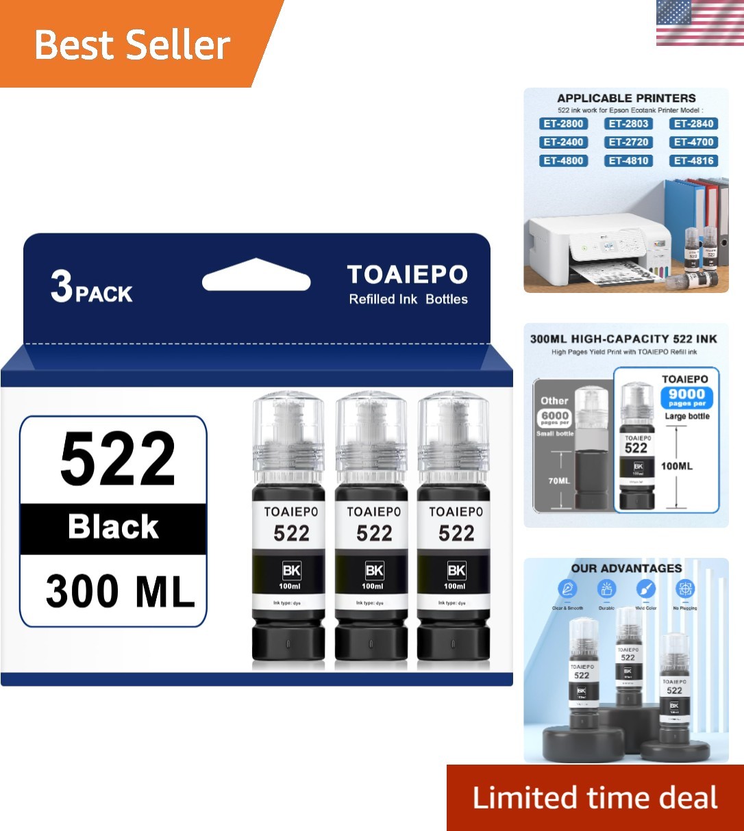 T522 Black Ink Refill Bottles - Easy Fill Design, 3 Pack for Compatible Printers