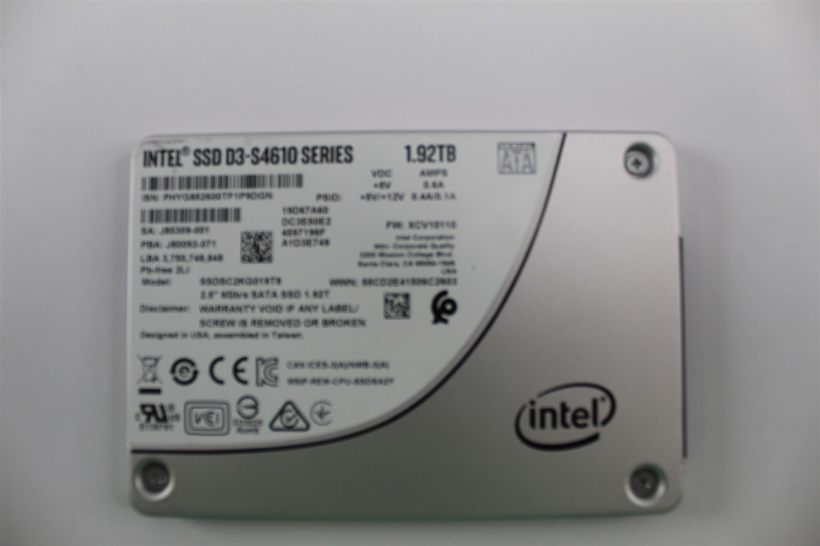 192TB Intel SSD D3S4610 Series 6Gbs 25 SATA Enterprise Drive J80309001 G2U