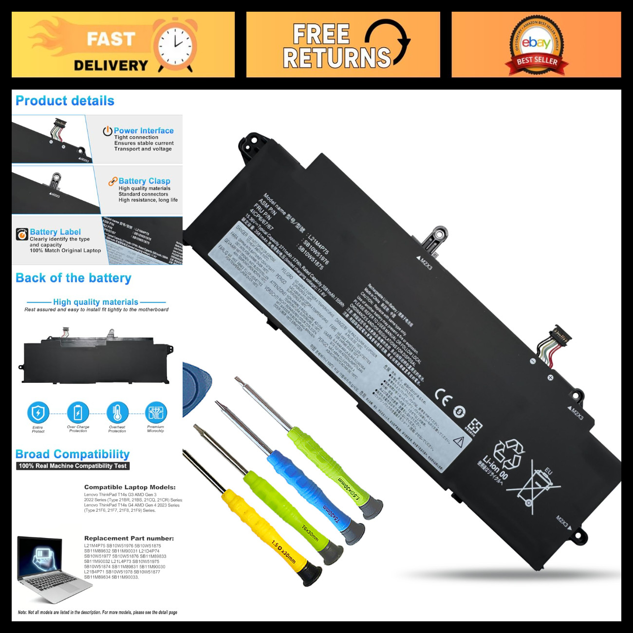 High-Capacity Laptop Battery for Lenovo ThinkPad T14s Gen 3 2022 - L21M4P75, L21