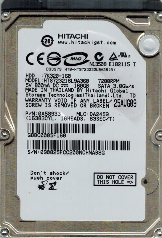 Hitachi HTS723216L9A360 P/N: 0A58933 160GB MLC: DA2459