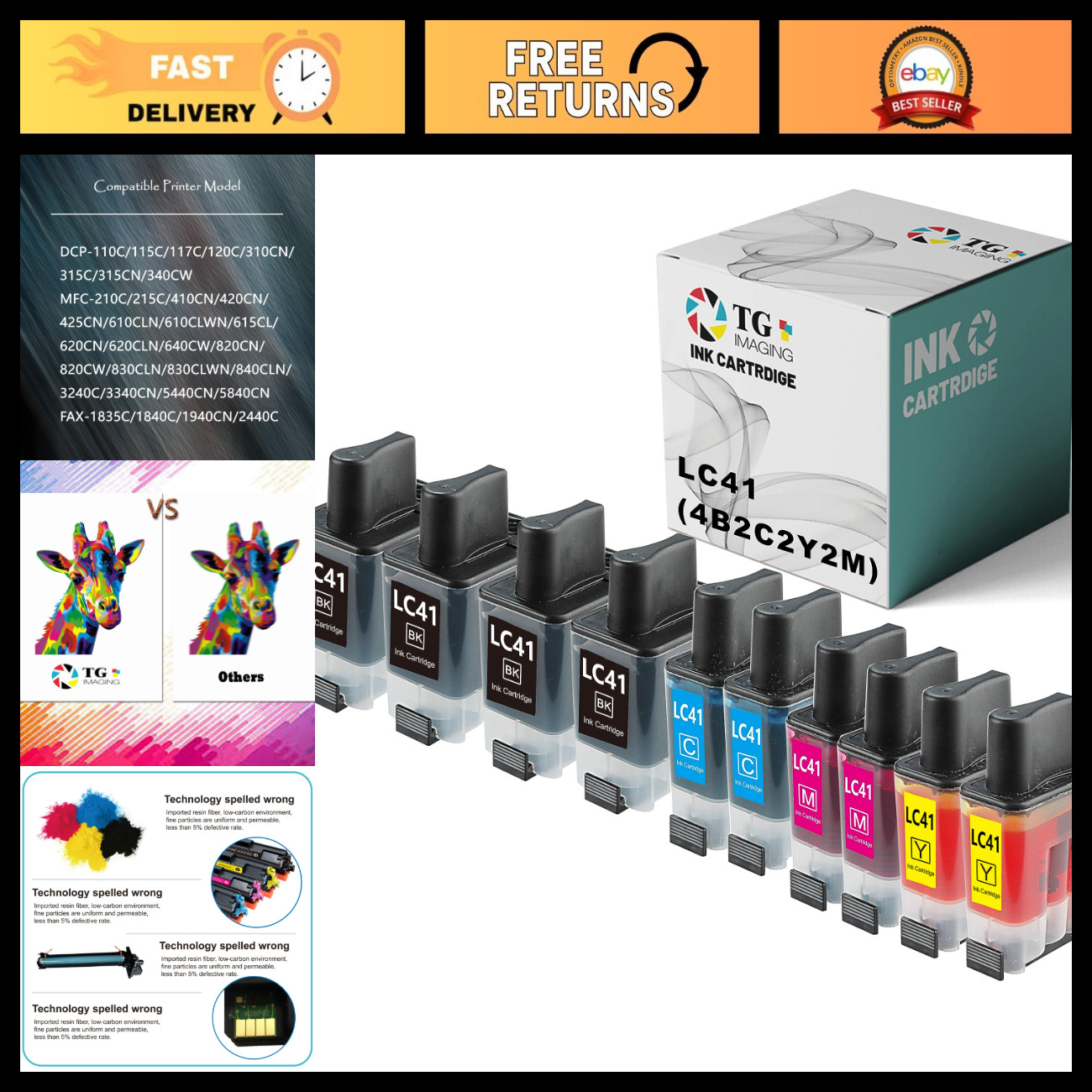 10-Pack Compatible Ink Cartridges for DCP-315C MFC-210C Printers - 4 Black, 2 Cy