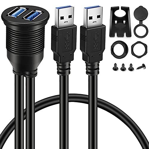 BATIGE 2 Ports Dual USB 3.0 Male to USB 3.0 Female AUX Flush Mount Car Mount 