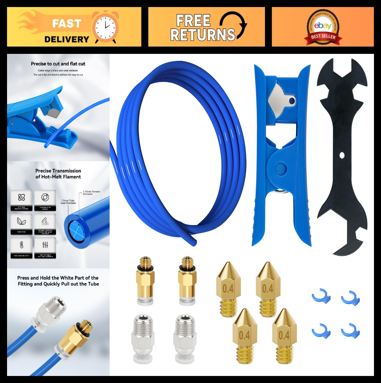 1M Bowden Tubing for 3D Printers, 1.75mm Filament, PC4-M6 & PC4-M10 Fittings, Br