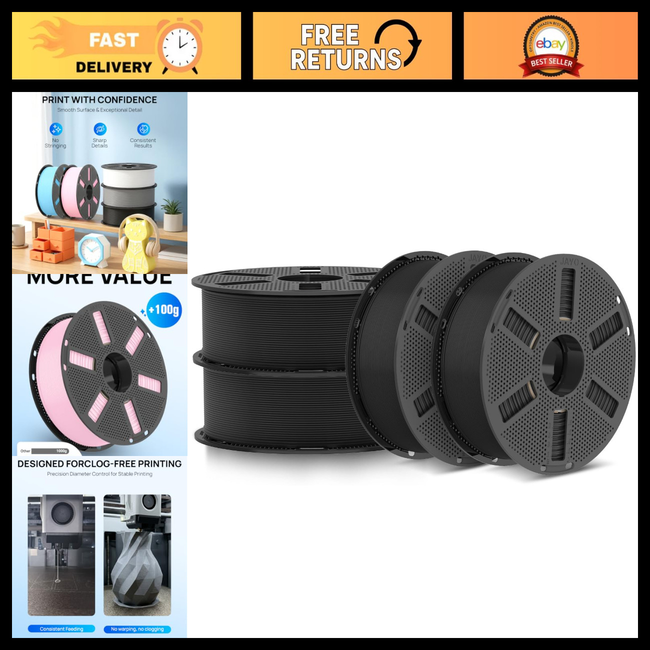 1.75mm PLA 3D Printer Filament Bundle, 1.1kg, 4-Pack, Black - High Quality & Dur