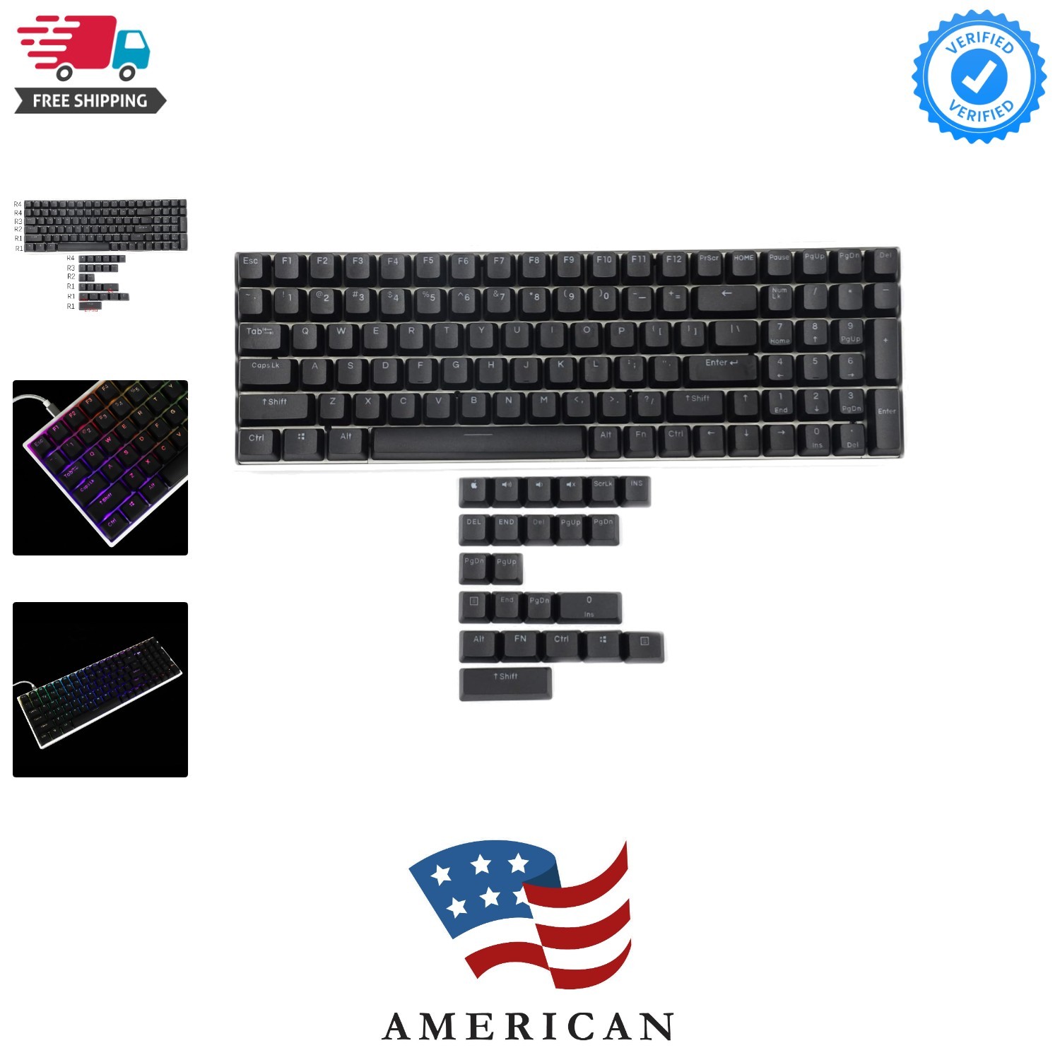 Double Shot 108 Dyed PBT Shine Through OEM Profile Keycap Rainbow Carbon Suns...