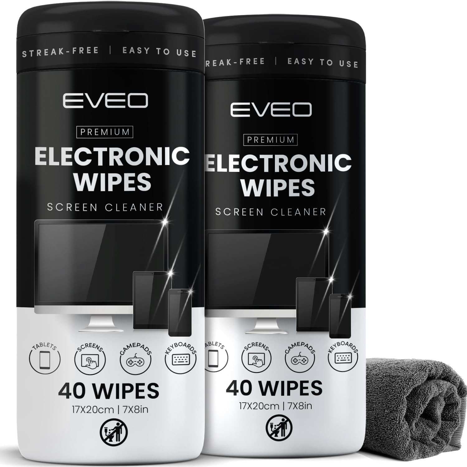2 Pack x 40 Electronic Screen Cleaner Wipes + Microfiber Cloth for Devices