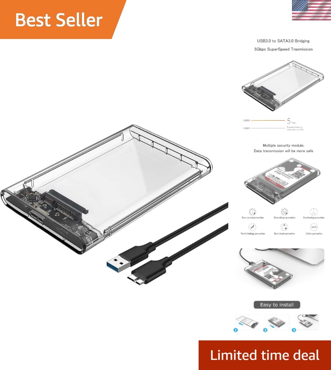 Sleek 2.5'' Transparent USB 3.1 SATA Enclosure for Fast Data Transfer - 2TB Max