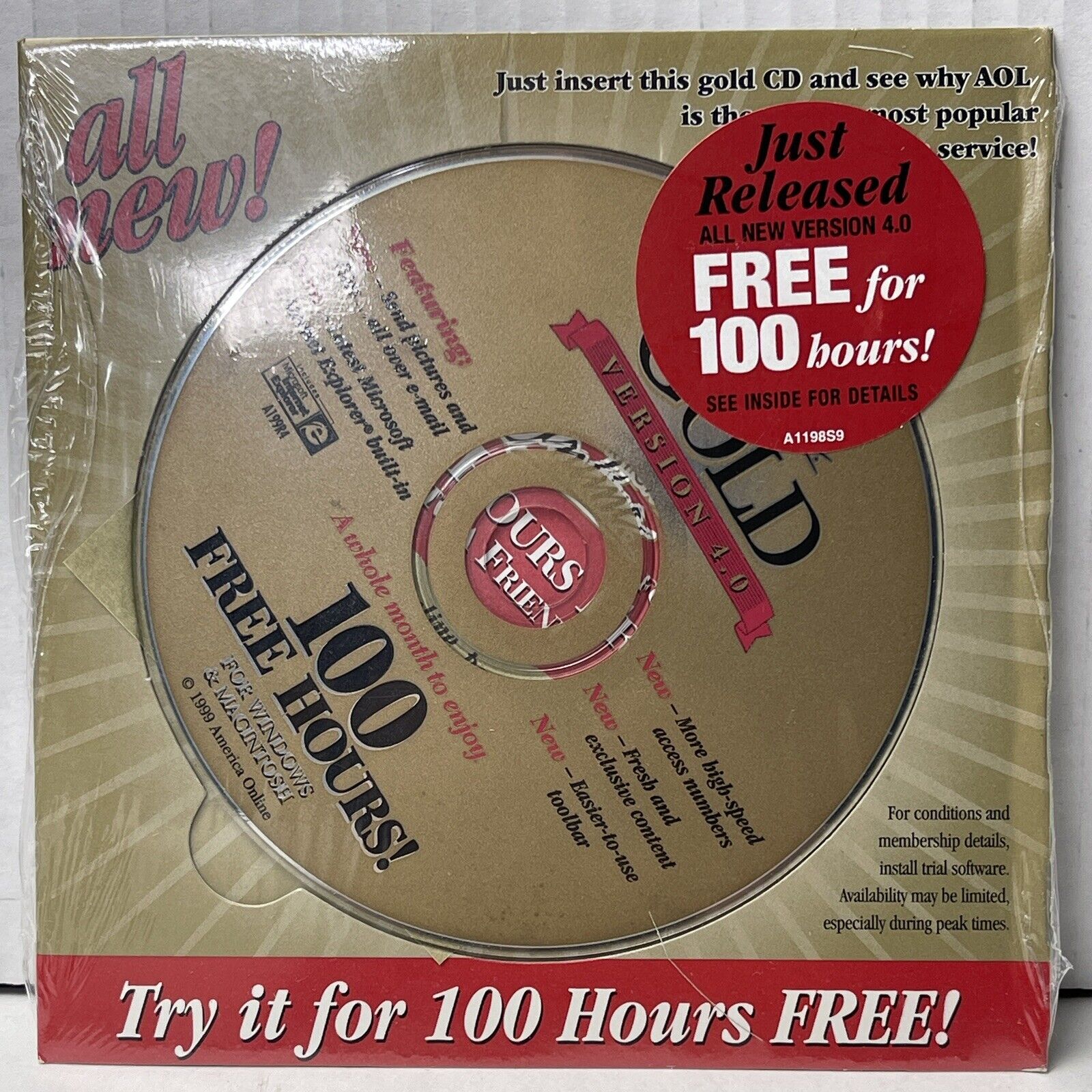 AOL America Online Version 4.0 Gold CD-ROM 1999 100 Hours A199M1 New SEALED