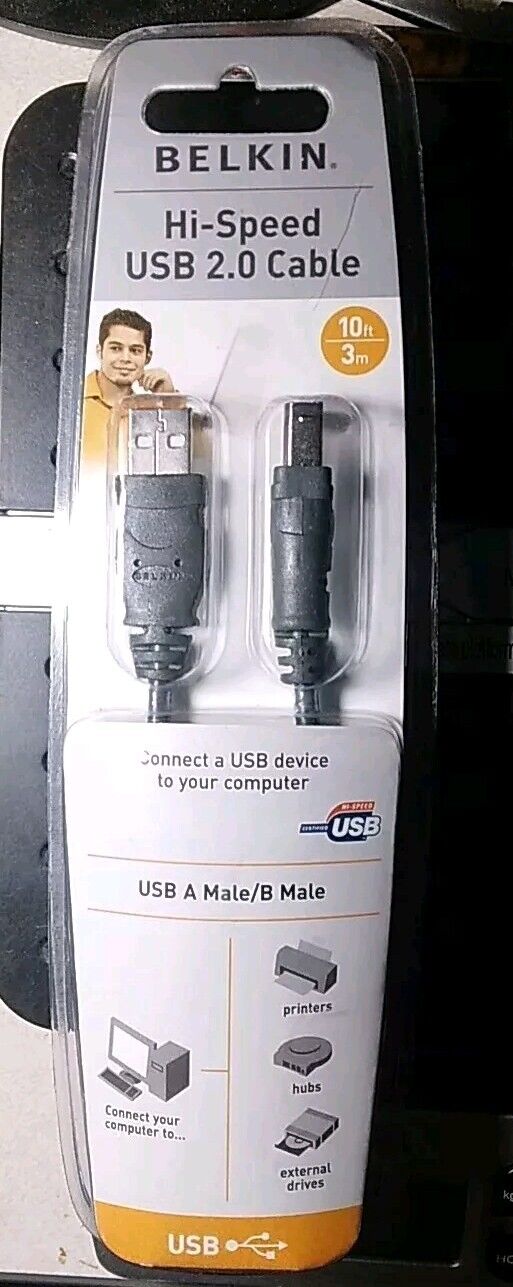 Genuine Belkin Hi-Speed 2.0 USB A Male/ B Male 10ft 3m Cable NEW Unopened 
