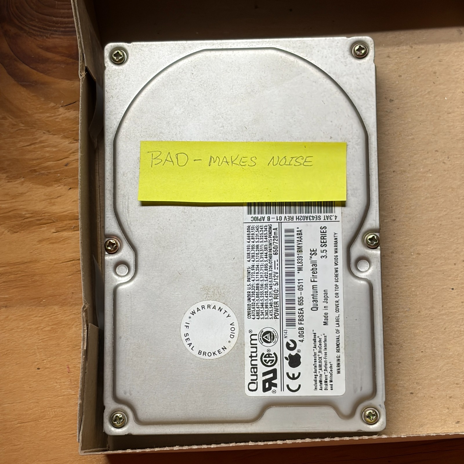 Apple Quantum 4GB Fireball CR 3.5 Series Hard Drive FBSEA 655-0511 - Bad, Noisy