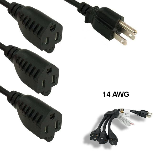 Kentek 18 inch 14 AWG Power Splitter Cable NEMA5-15P to 3X 5-15R 15A/125V SJT