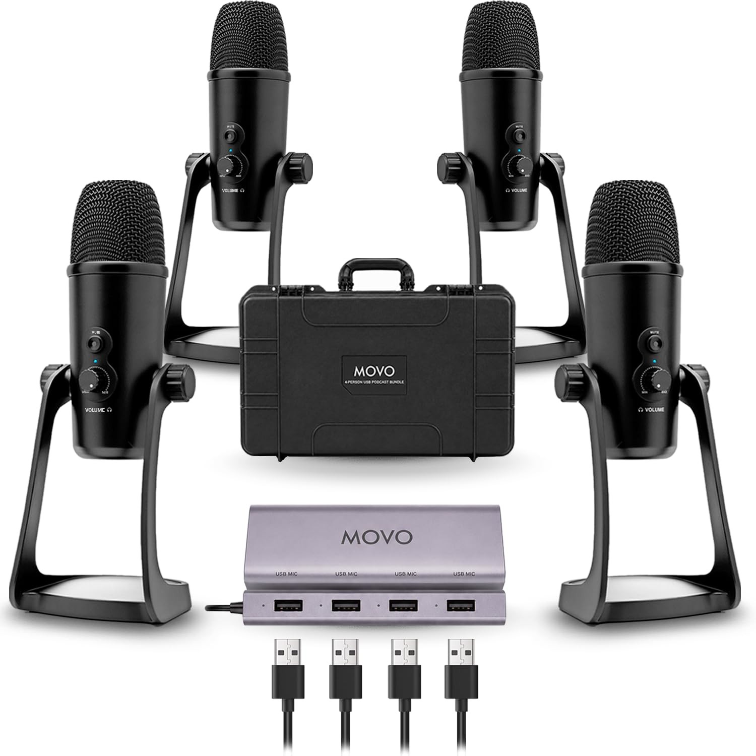 4-Person USB Podcast Equipment Bundle – 4 Condenser Mics, Hub & Case
