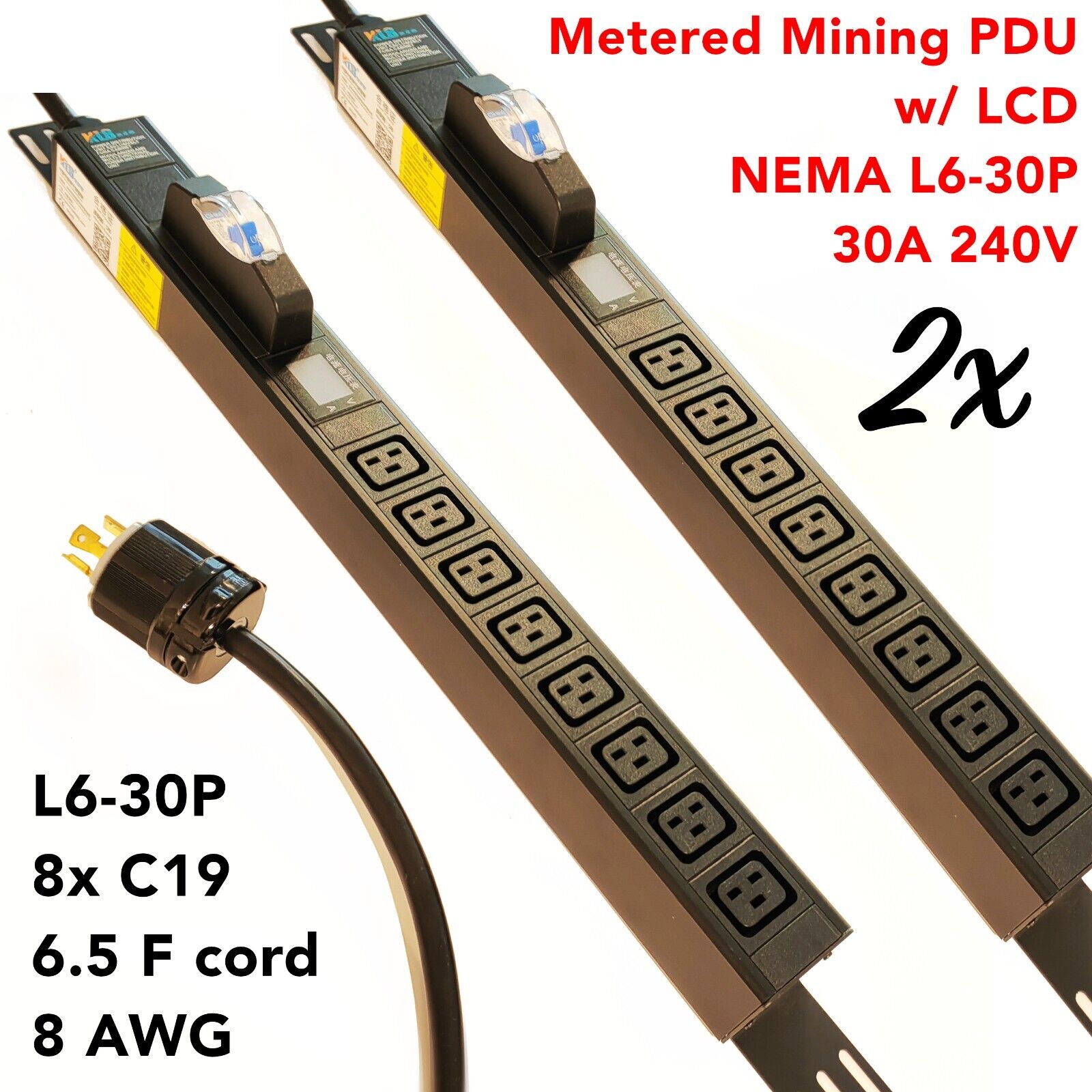 2x LCD Metered/Breaker PDU Mining 240V 30A L6-30P 8x C19 Cord 2M 6.5F long 8 AWG
