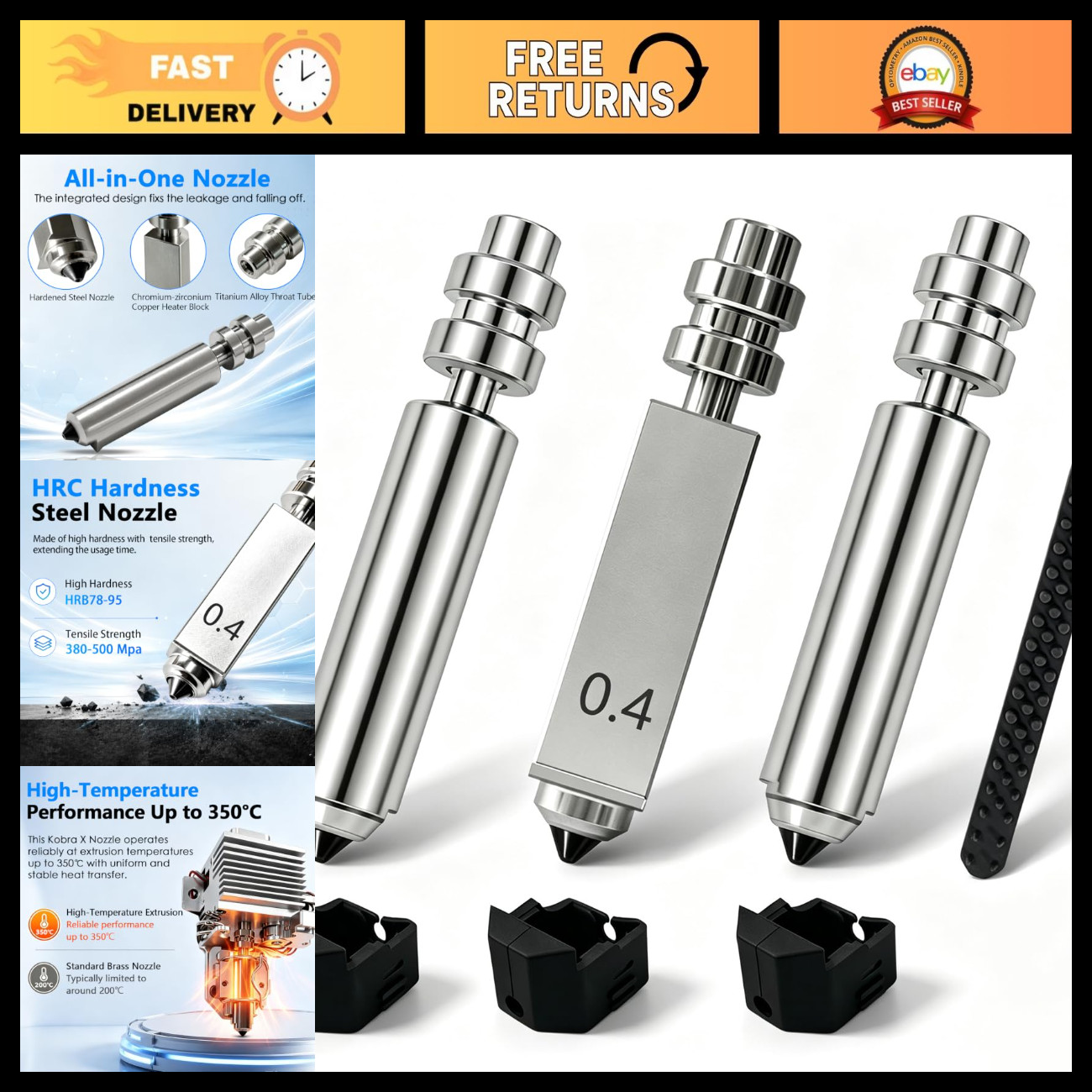 3PK 0.4mm Hardened Steel Nozzles for Anycubic Kobra 4 - High Precision 3D Printi