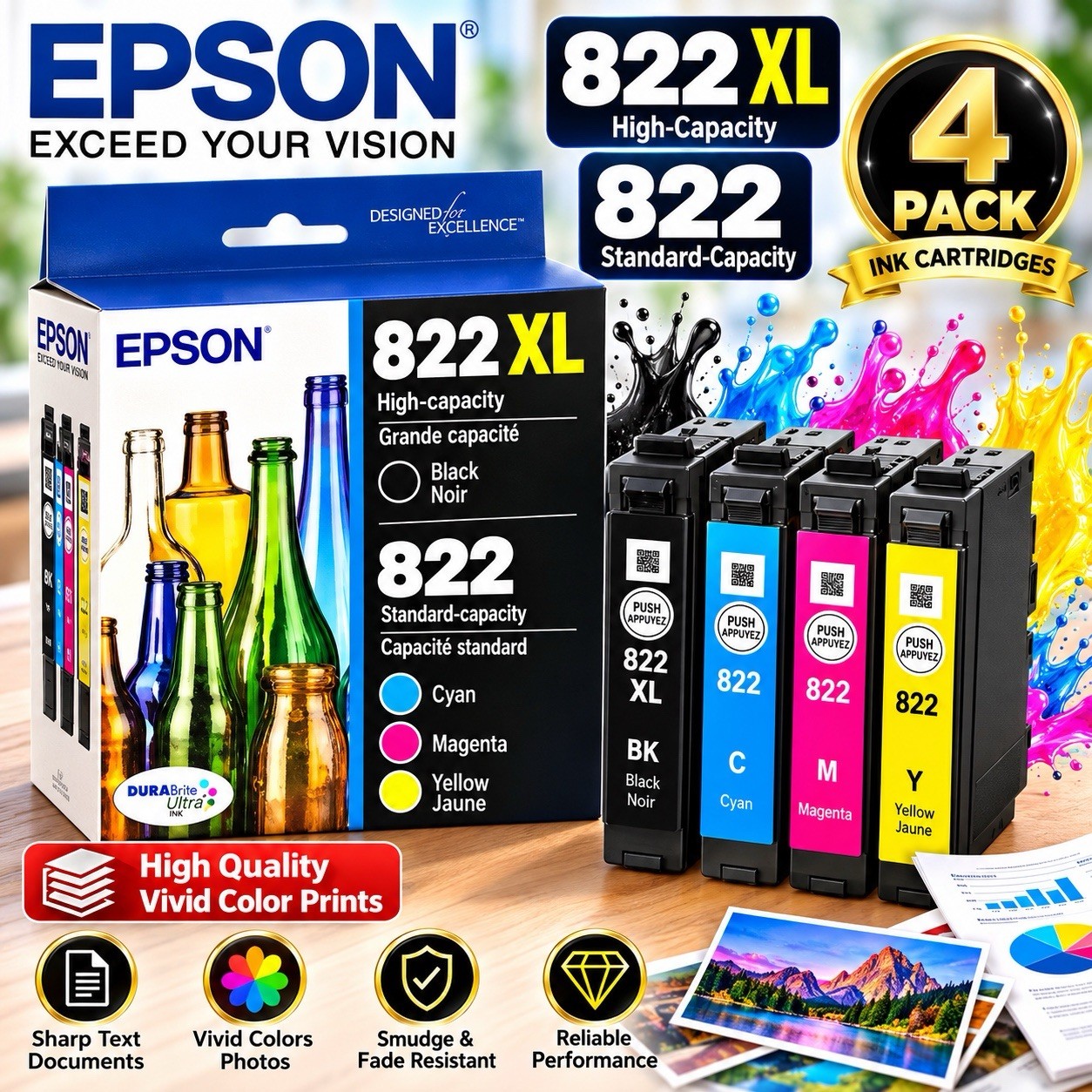 Epson 822XL T822XL-BCS 4-Pack Ink Cartridges Black Cyan Magenta Yellow Exp: 3/29