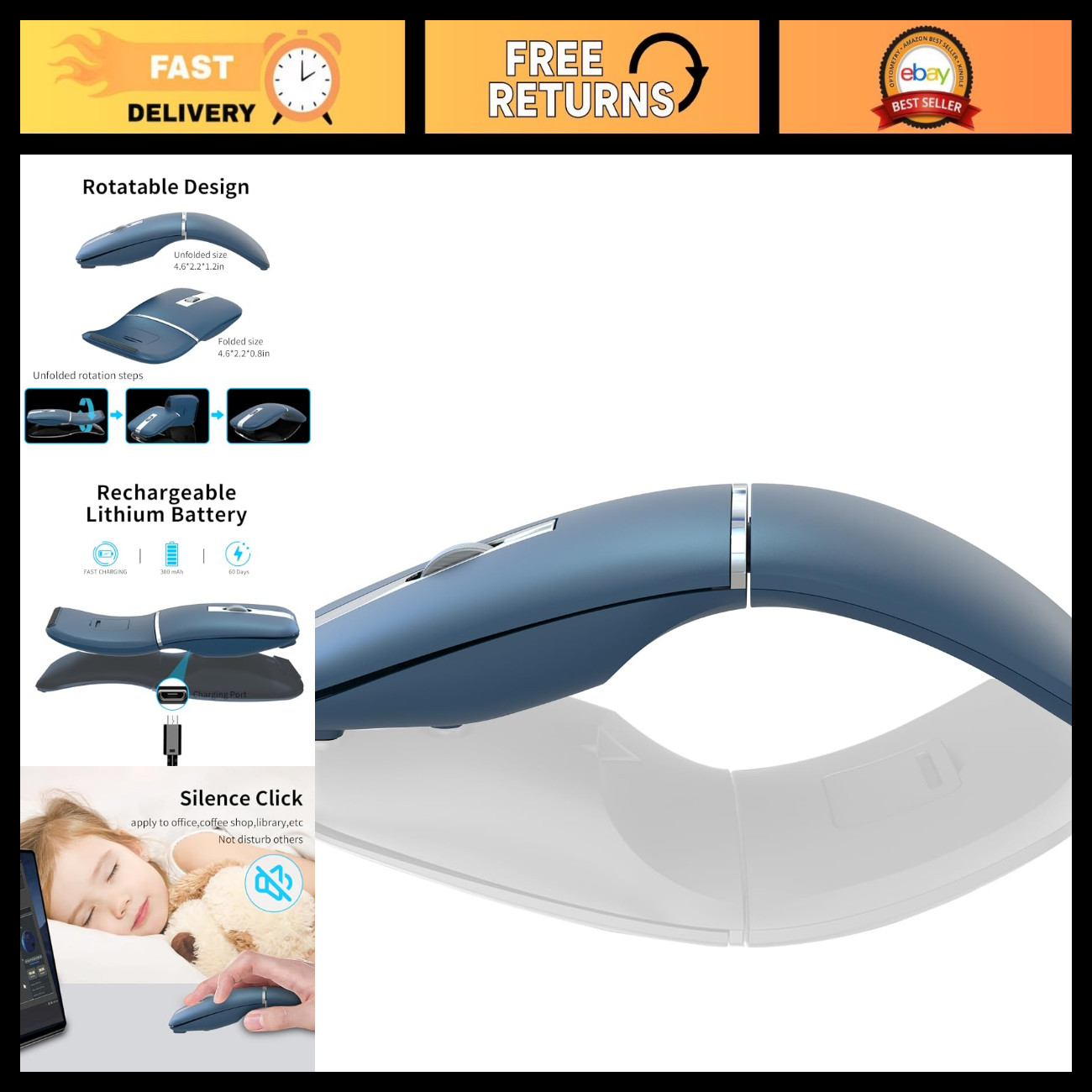 Wireless Bluetooth Arc Travel Mouse - Dual Mode BT & USB, Rechargeable Design