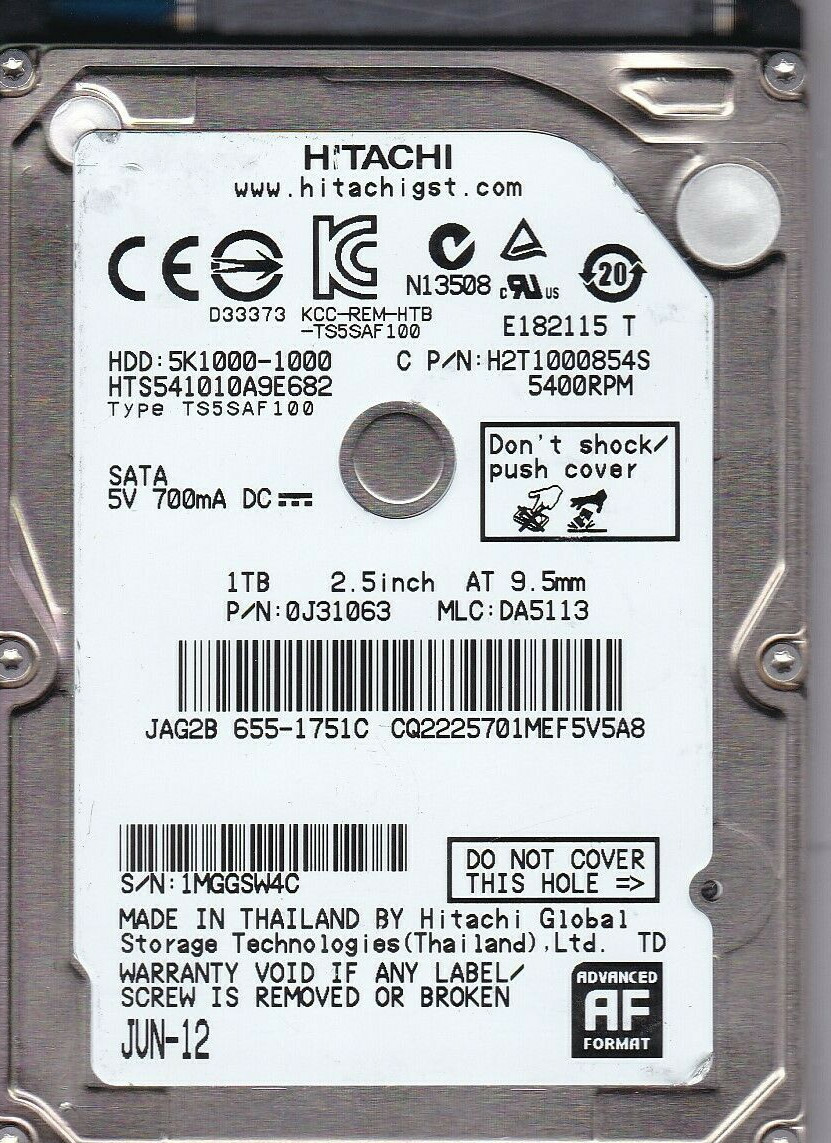 HTS541010A9E662 mlc: DA5113 p/n: 0J31063 FW: JA0AB5D0 Hitachi Thailand 1TB C7-31