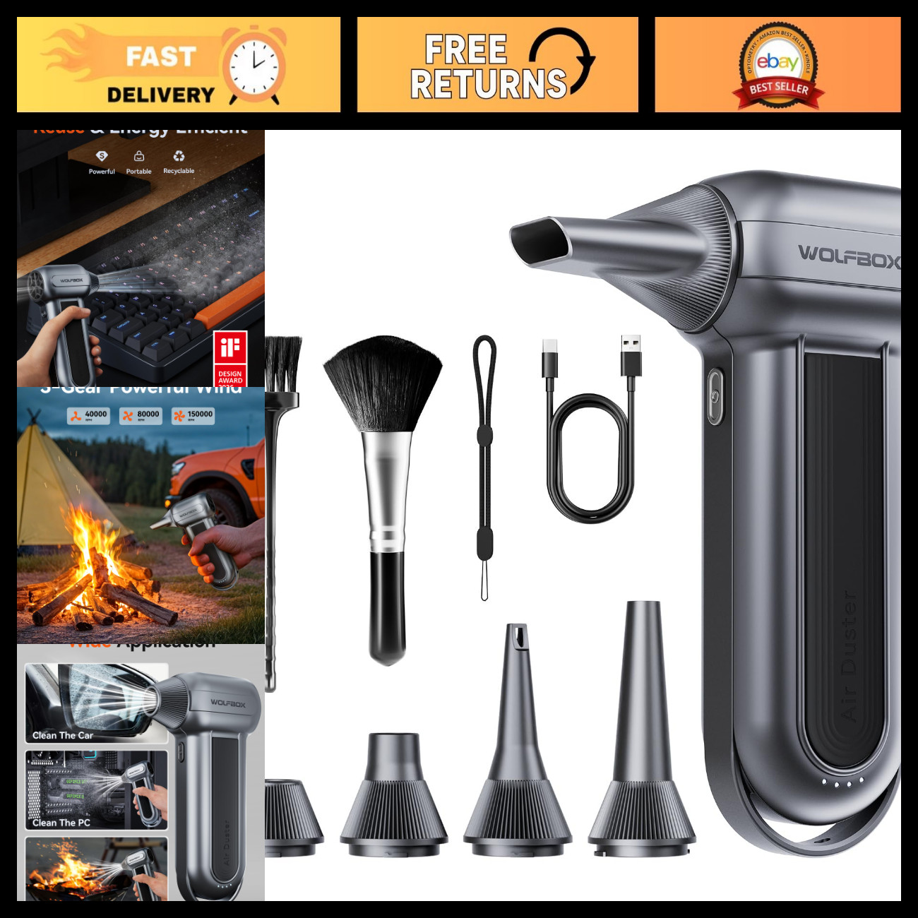 High-Power Compressed Air Duster, 150,000 RPM Turbo Fan, 45 m/s Airflow Cleaner