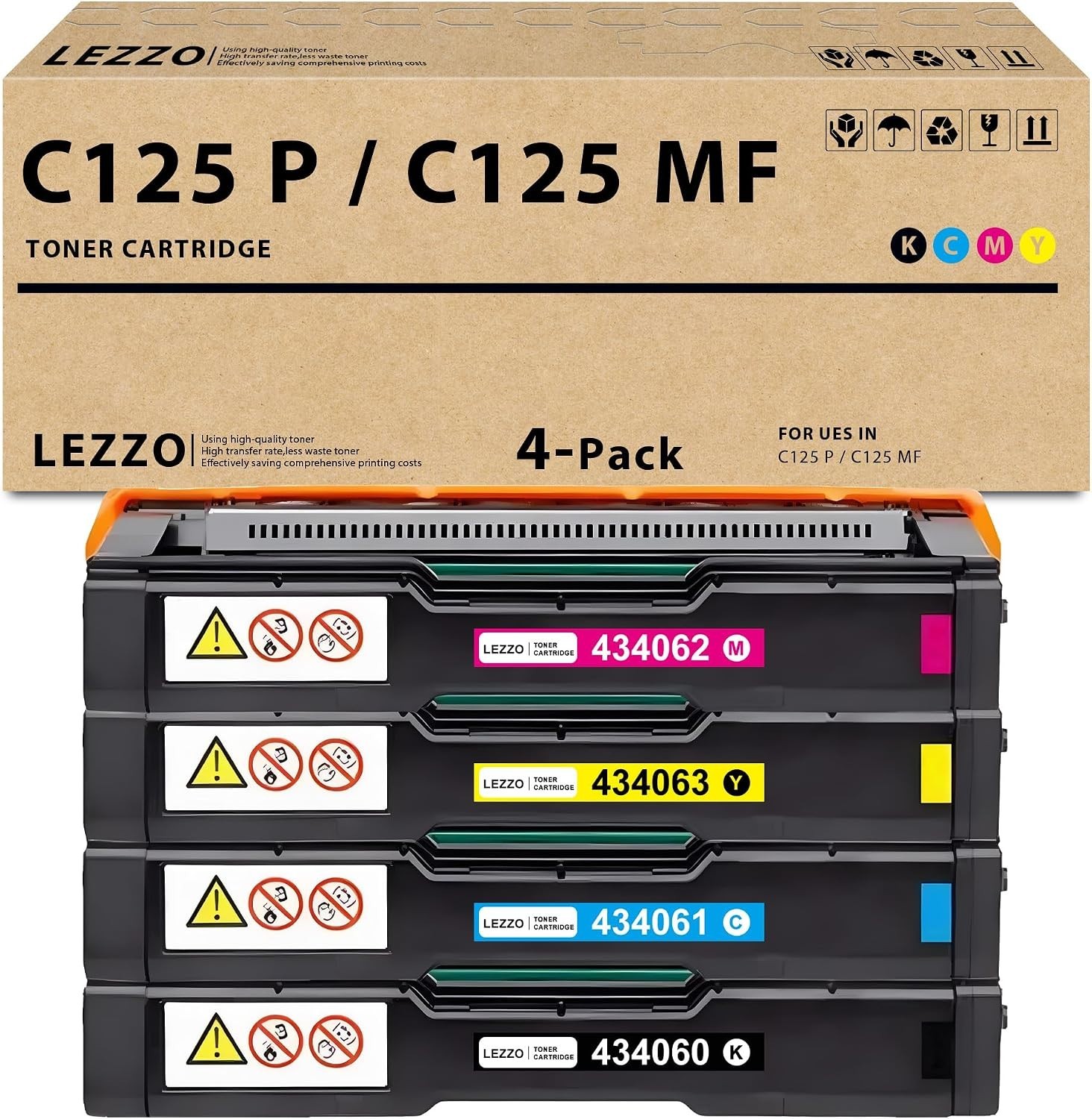 Lezzo High Yield Toner C125P C125MF 4PK Black Cyan Magenta Yellow Ricoh