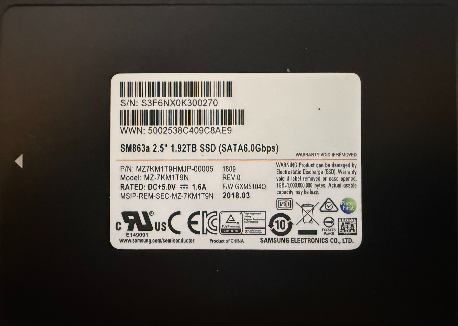 Samsung SM863a 1.92TB Enterprise SATA SSD 2.5 - 95%+ Health - Wiped