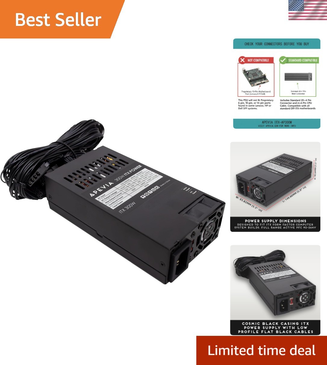 300W Flex ATX Power Supply, Standard Mini-ITX/SFF / 1U Desktop Replacement, 1...