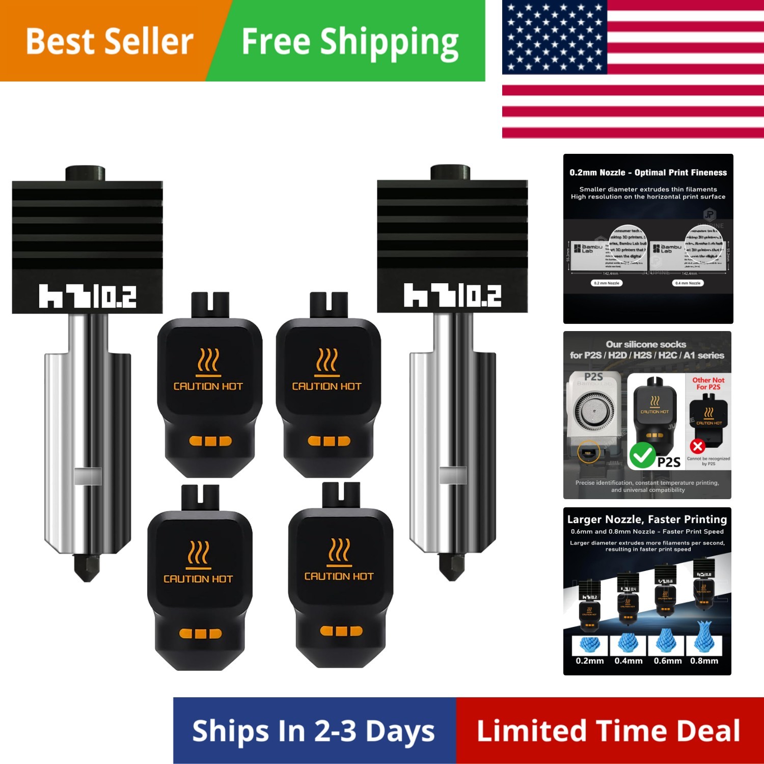 2PK 0.2mm High Precision Hotend for Bambu Lab P2S/X2D/H2D/H2C/H2S/A1 Nozzle H...