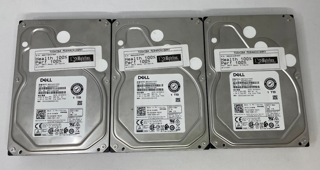 Lot of 3 Dell K4M5W Toshiba MG04ACA100NY HDEPR84DA51 1TB SATA 3.5 HDD Hard Drive