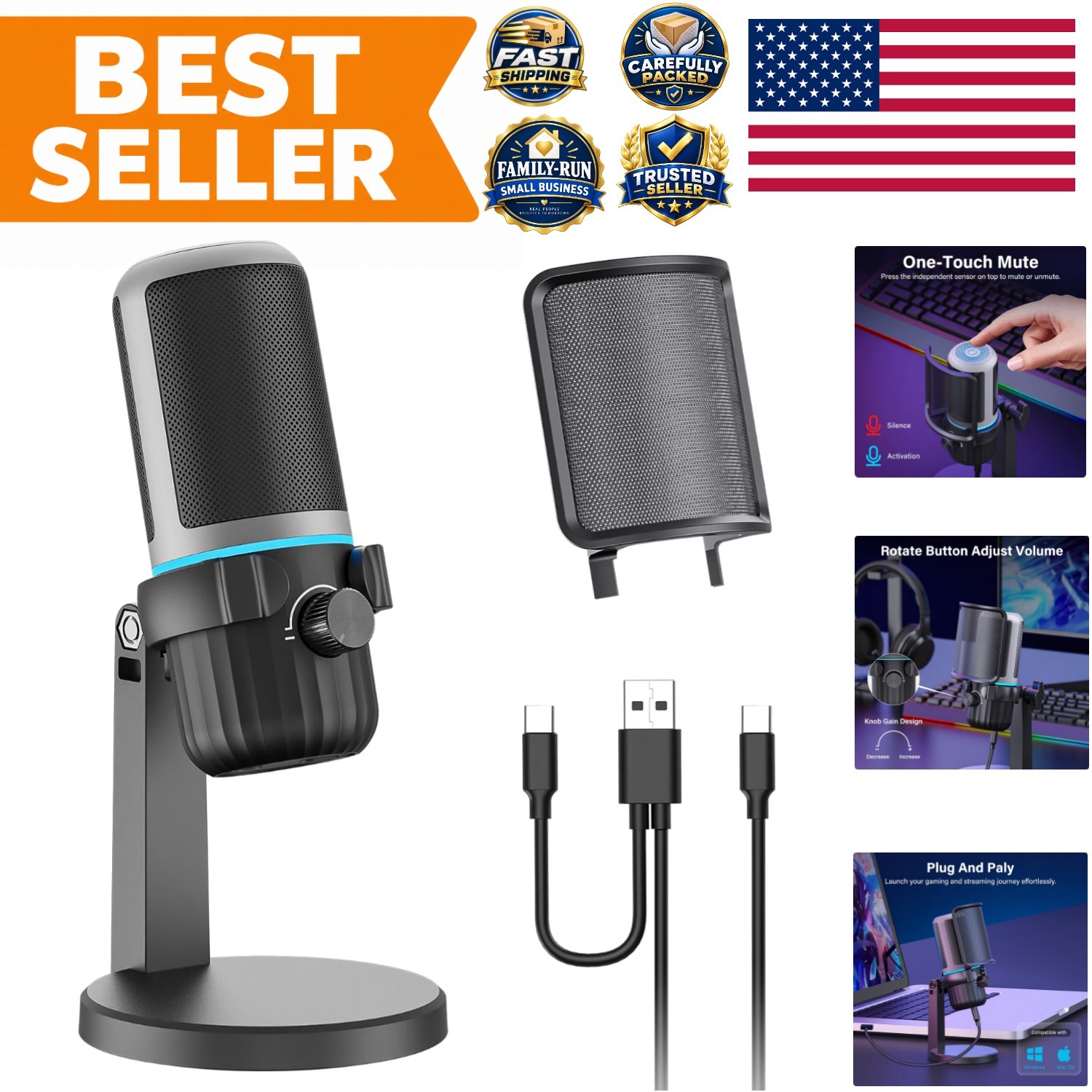 USB Condenser Gaming Mic, PC Computer Microphone for Streaming