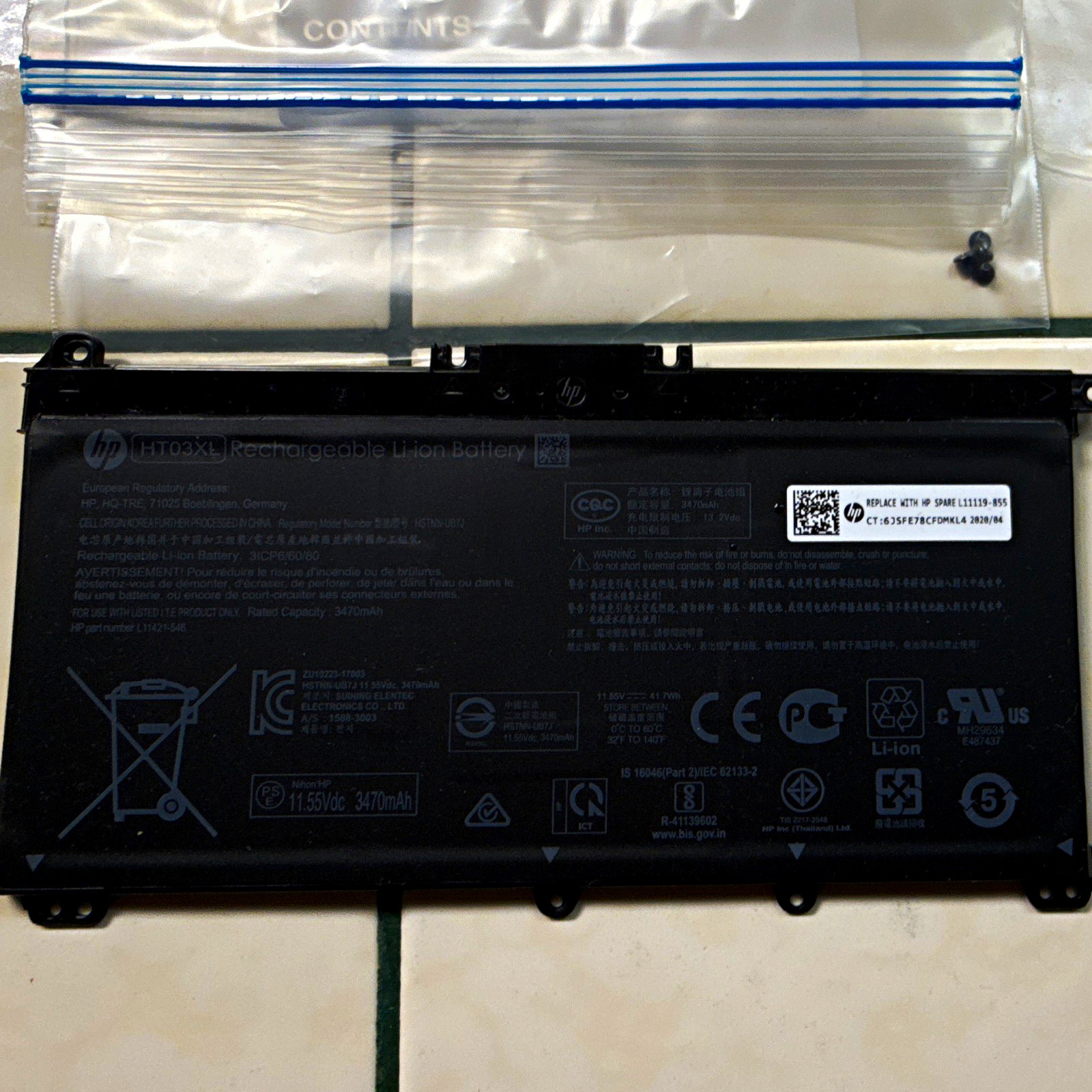 HP HT03XL Li-Ion 3-Cell Battery 11.55V 41.7Wh 3470mAh L11119-855