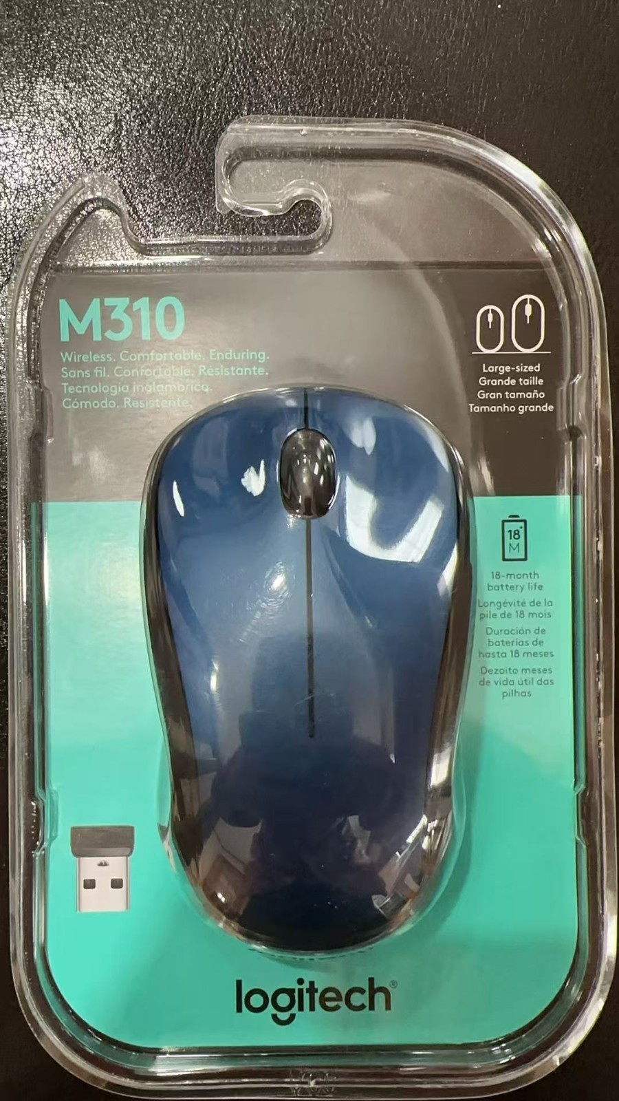Logitech M310 1000 dpi 2.4Ghz USB Wireless Mouse 10M/33FT Large BLUE New/Sealed