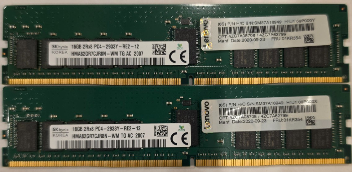 LOT of 2 SK Hynix 16GB PC4-2933Y-RE2 HMA82GR7CJR8N-WM DDR4 Server RAM memory