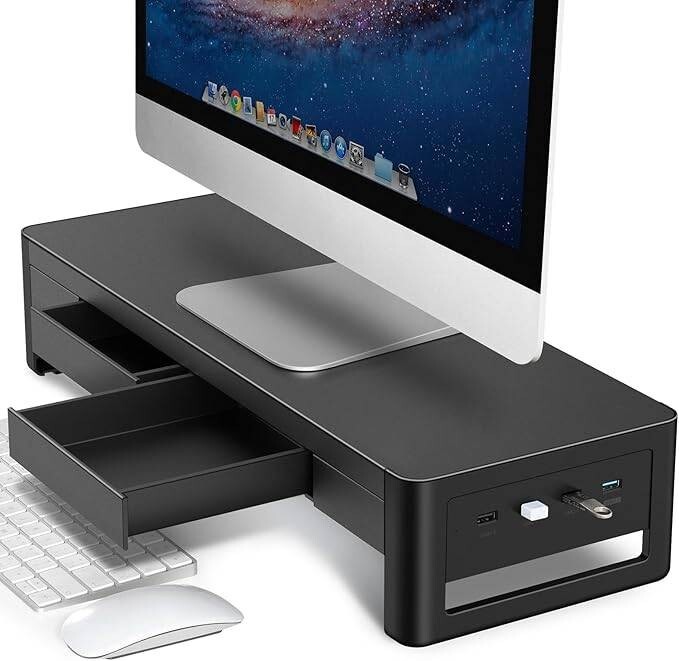 Soporte elevador de monitor 2 en 1 con 2 cajones de almacenamiento y 4 puertos.