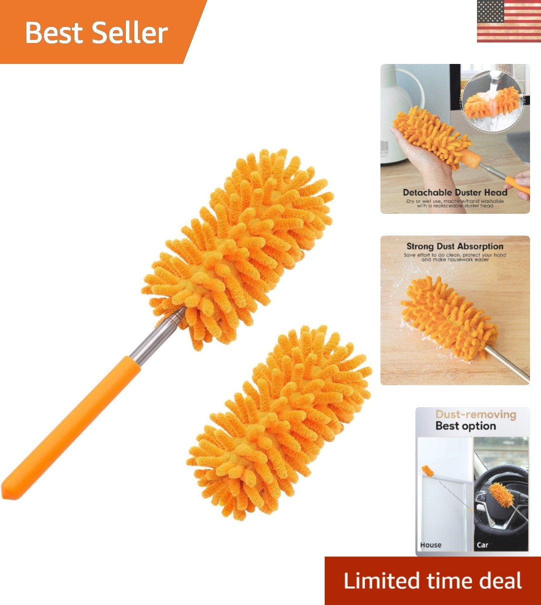10-29" Adjustable Microfiber Duster with 2 Washable Heads for Versatile Cleaning