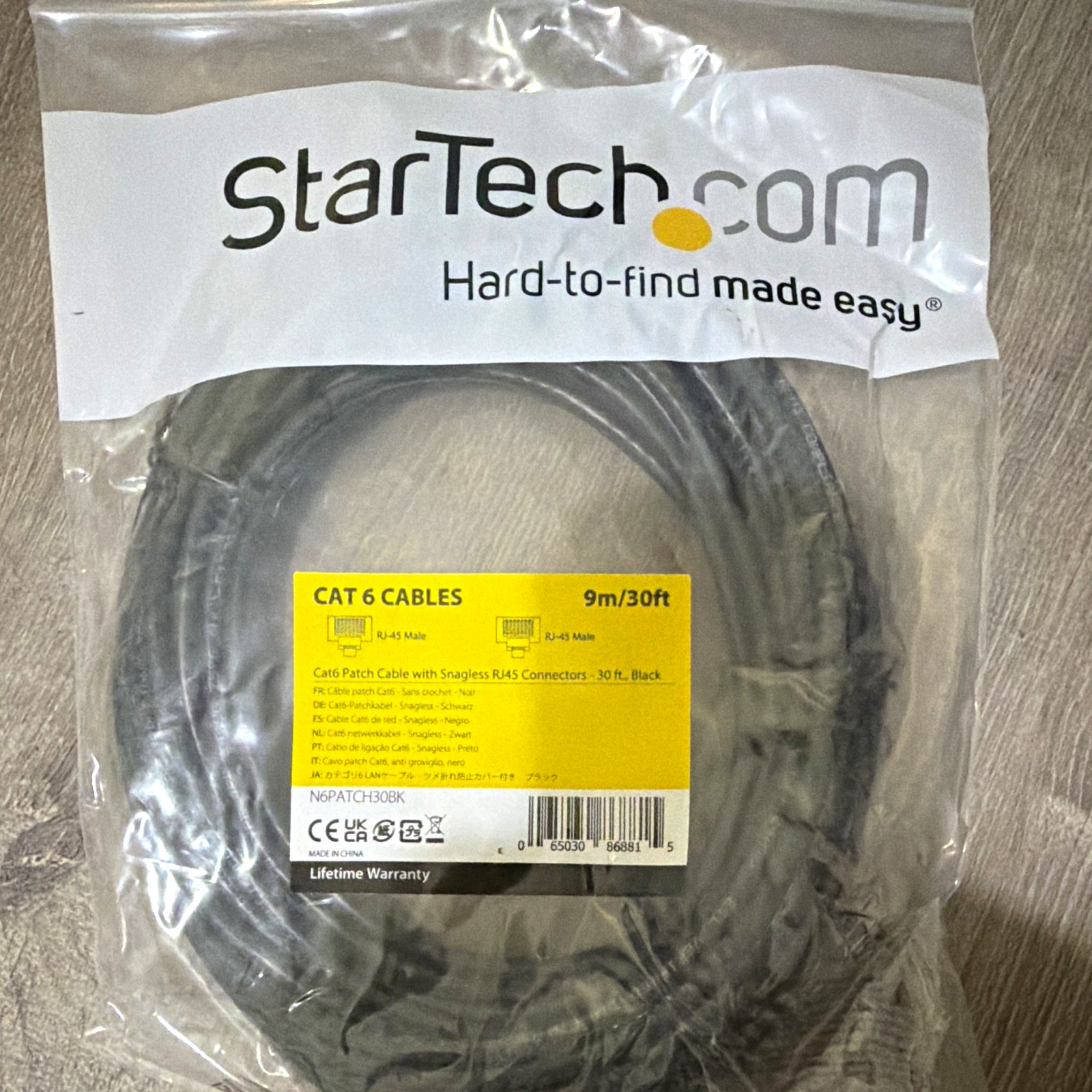 StarTech.com Cat6 Round Ethernet Patch Cable RJ-45 Male to Male 30ft Black