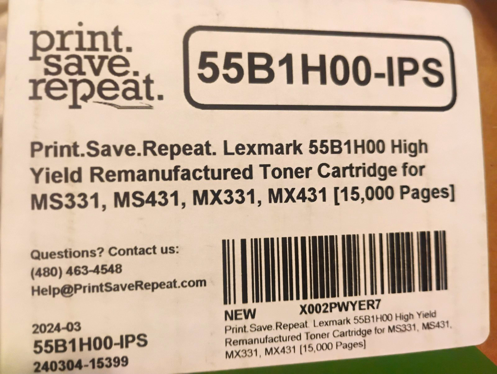 Print.Save.Repeat. 55B1H00-IPS Reman Toner Black Laser for Lexmark MS331 MX431