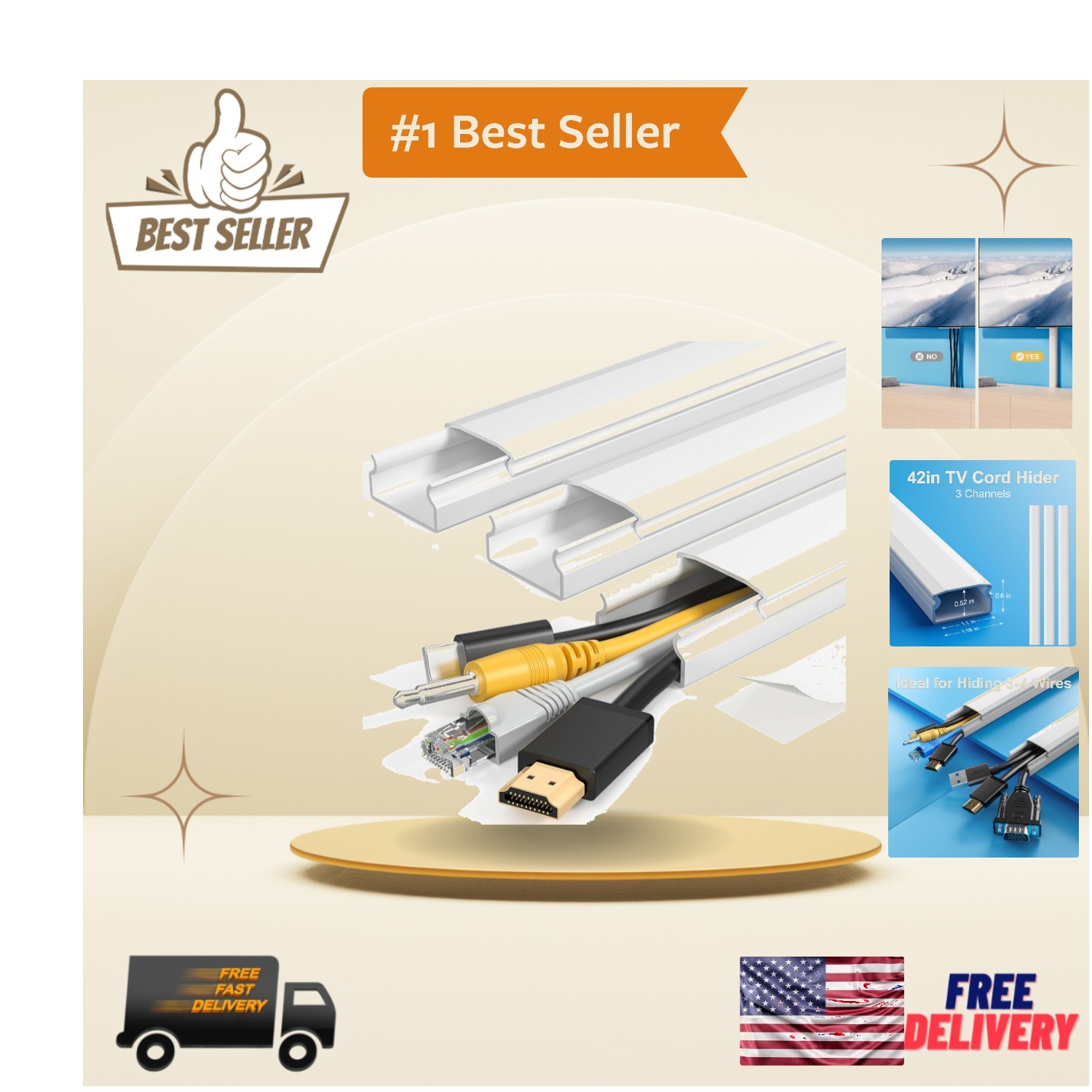 Sleek White TV Cord Hider, 42in Cover for Neat Cable Management - Easy Install