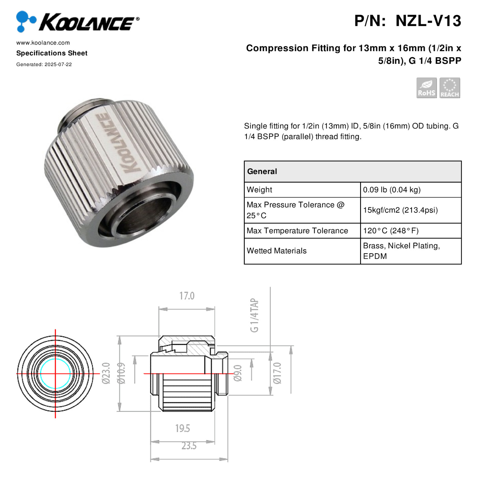 Koolance Compression Fitting for 13mm x 16mm (1/2in x 5/8in), G 1/4 BSPP