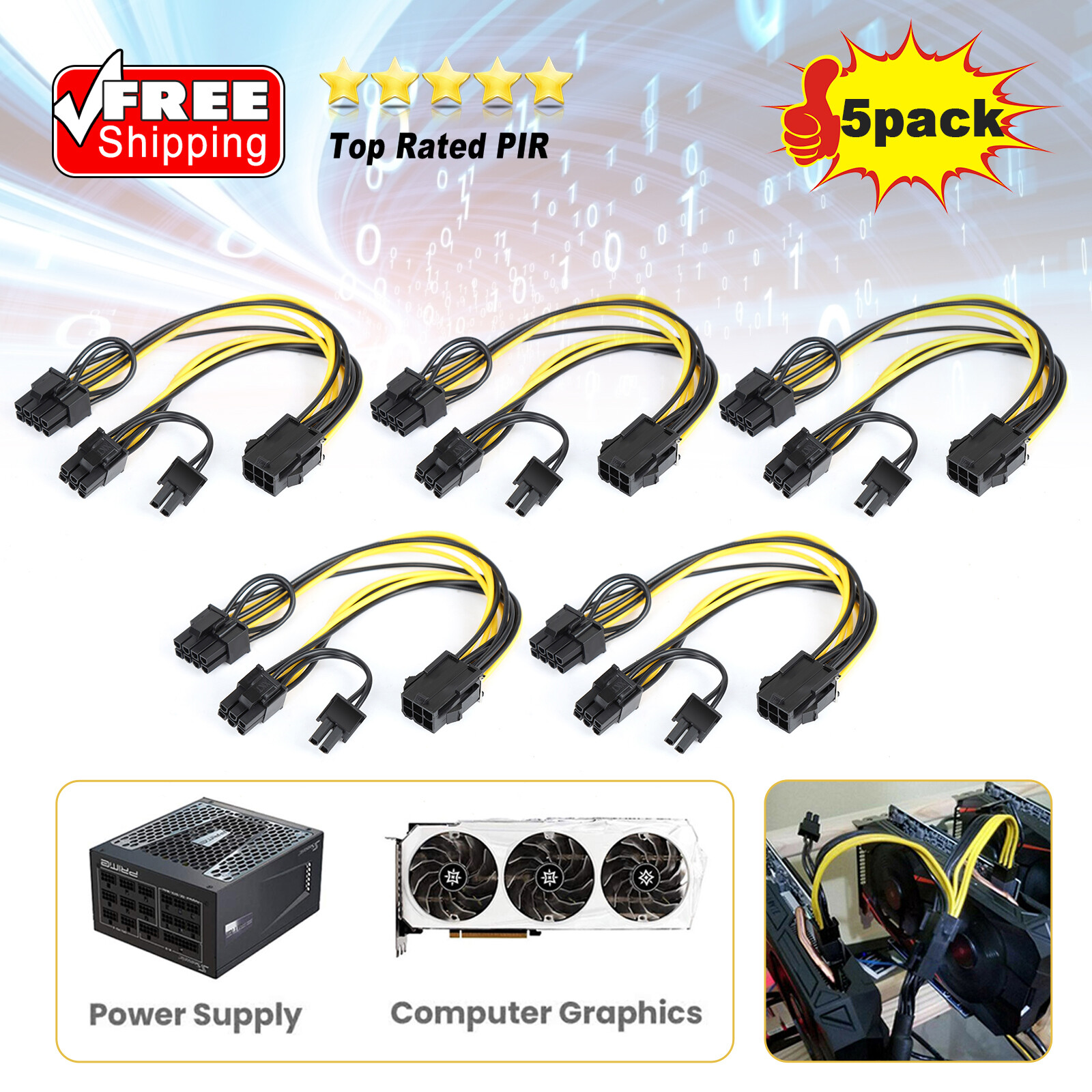 5pcs PCIE 6 pin Female to Dual PCI-E 6+2 pin 8P Male GPU Power Cable Splitter
