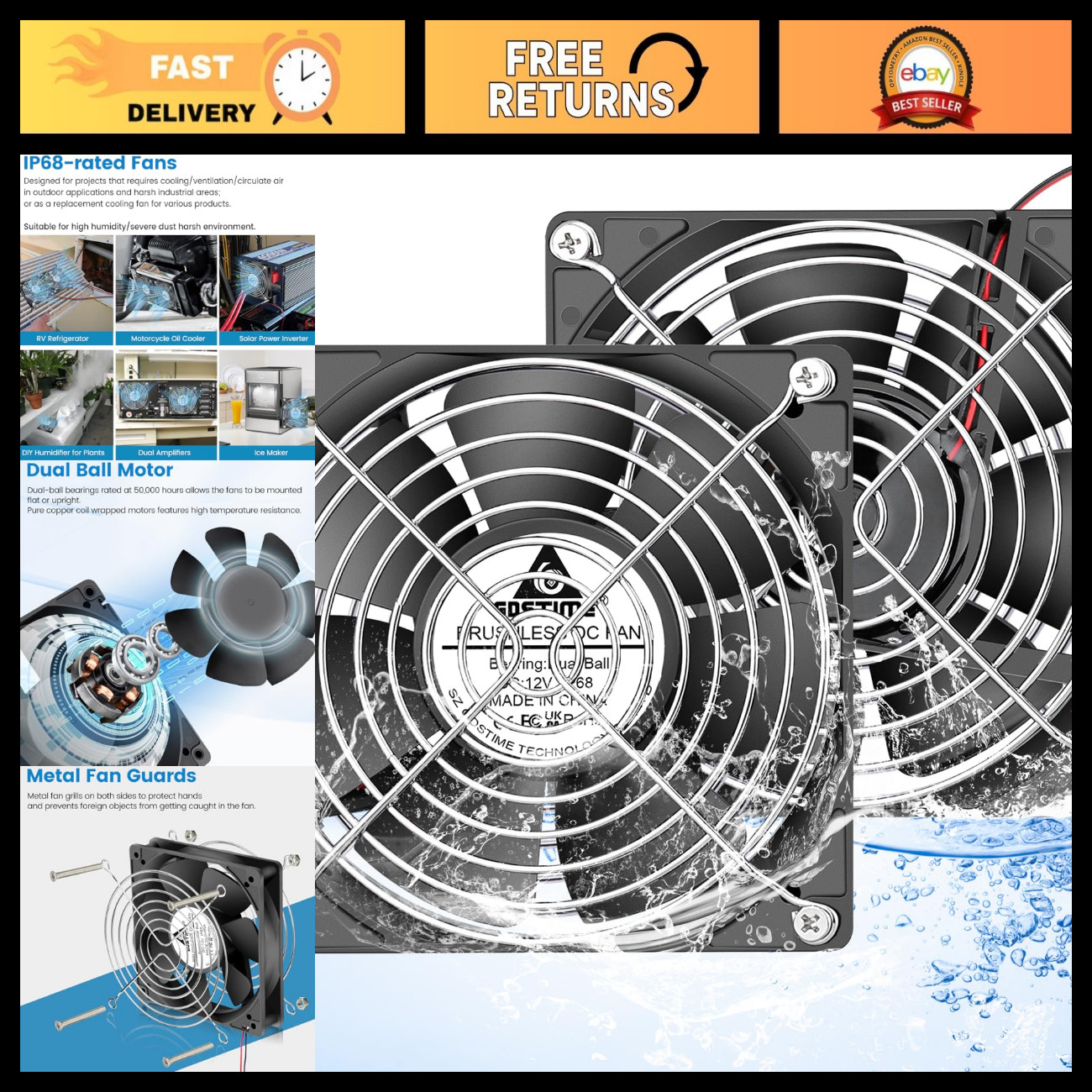 IP68 Waterproof 120mm x 25mm Cooling Fan 12V DC 2-Pin High Speed Dual Ball